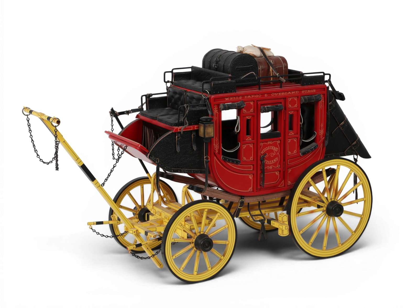 A painted wood and leather model of the Wells Fargo & Overland stage coach, probably Dale Ford (1 of 6)
