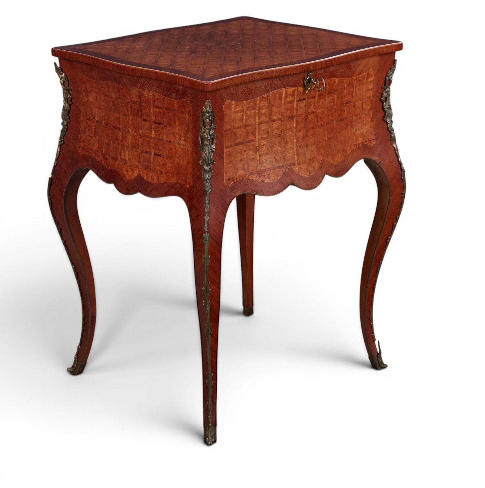 A Louis XV style gilt metal mounted mahogany and parquetry lift top table, 20th century (1 of 11)
