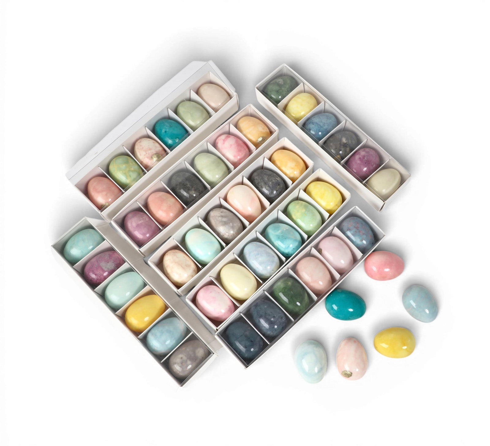 A group of forty-eight Italian multi-colored polished alabaster eggs, Ducceschi, modern (1 of 3)