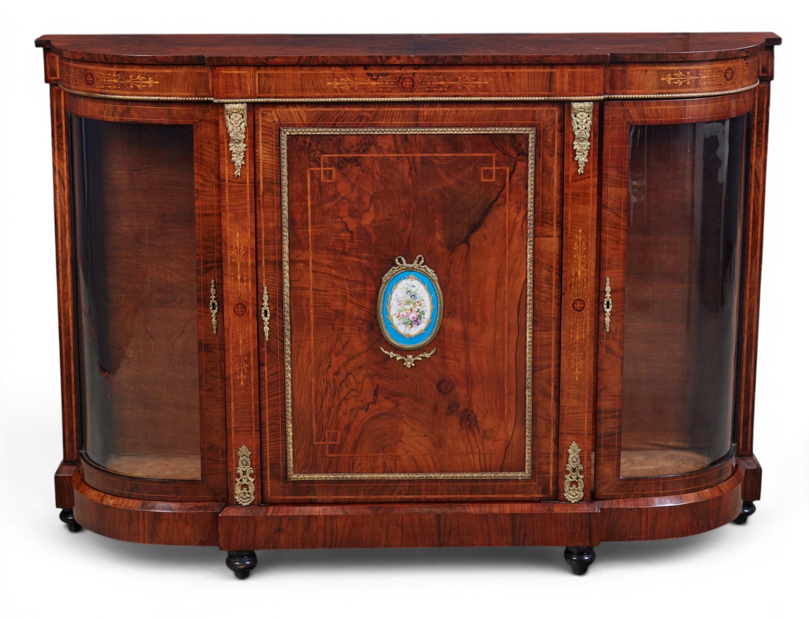 A Victorian gilt metal and porcelain mounted inlaid walnut side cabinet, late 19th century (1 of 12)