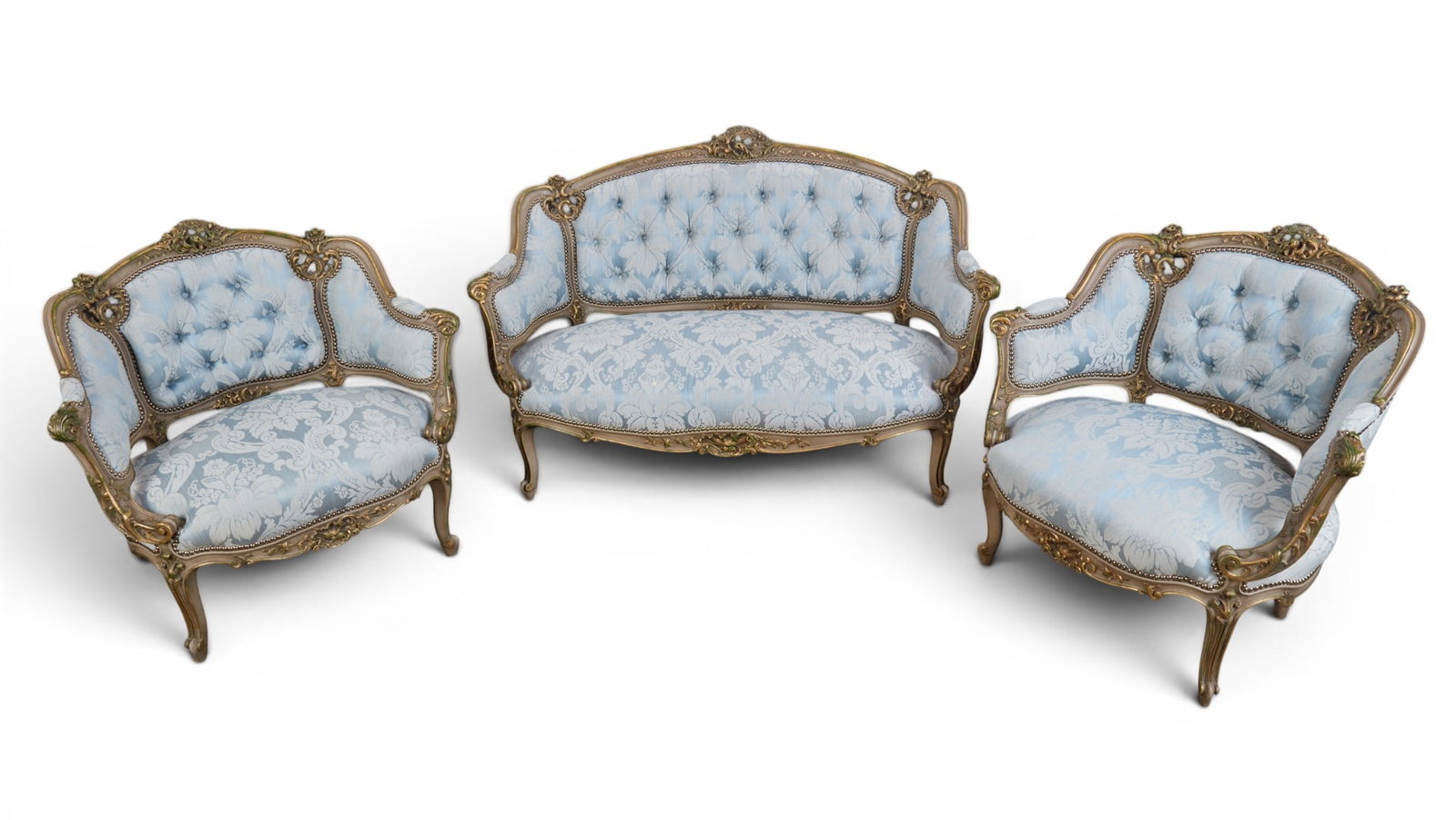 A three piece Louis XV style parcel gilt grey painted suite of seat furniture, 20th century (1 of 15)