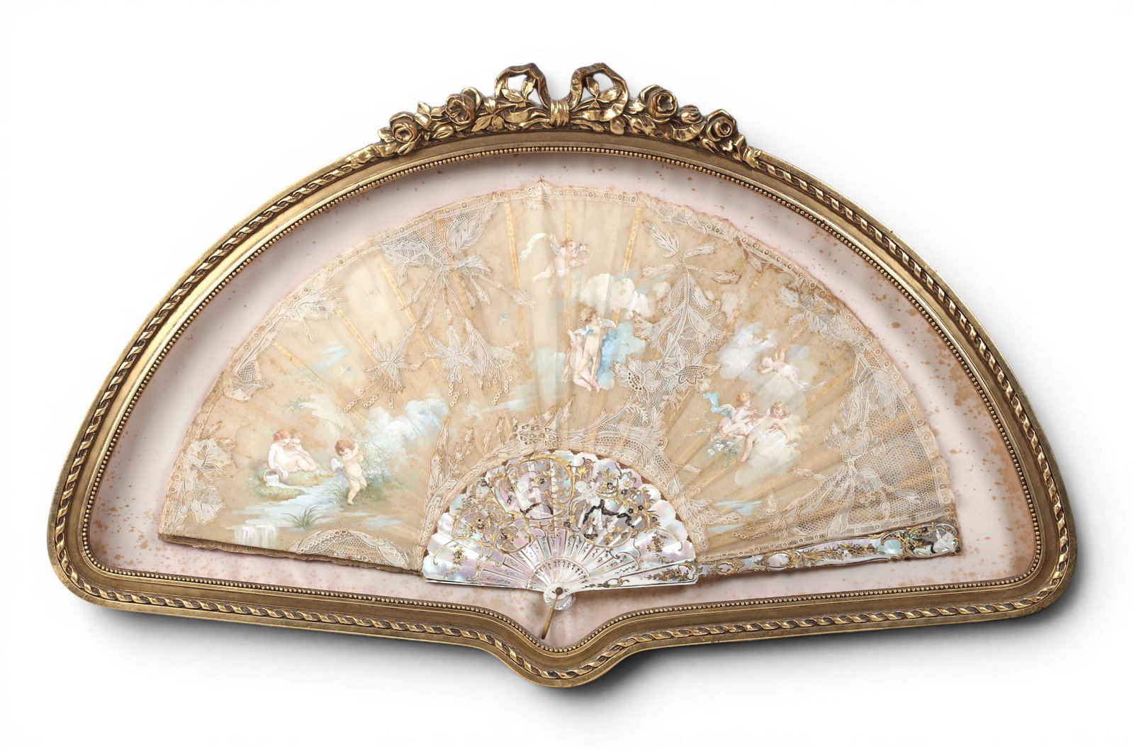 A hand painted embroidered silk and mother of pearl fan, 19th century (1 of 5)