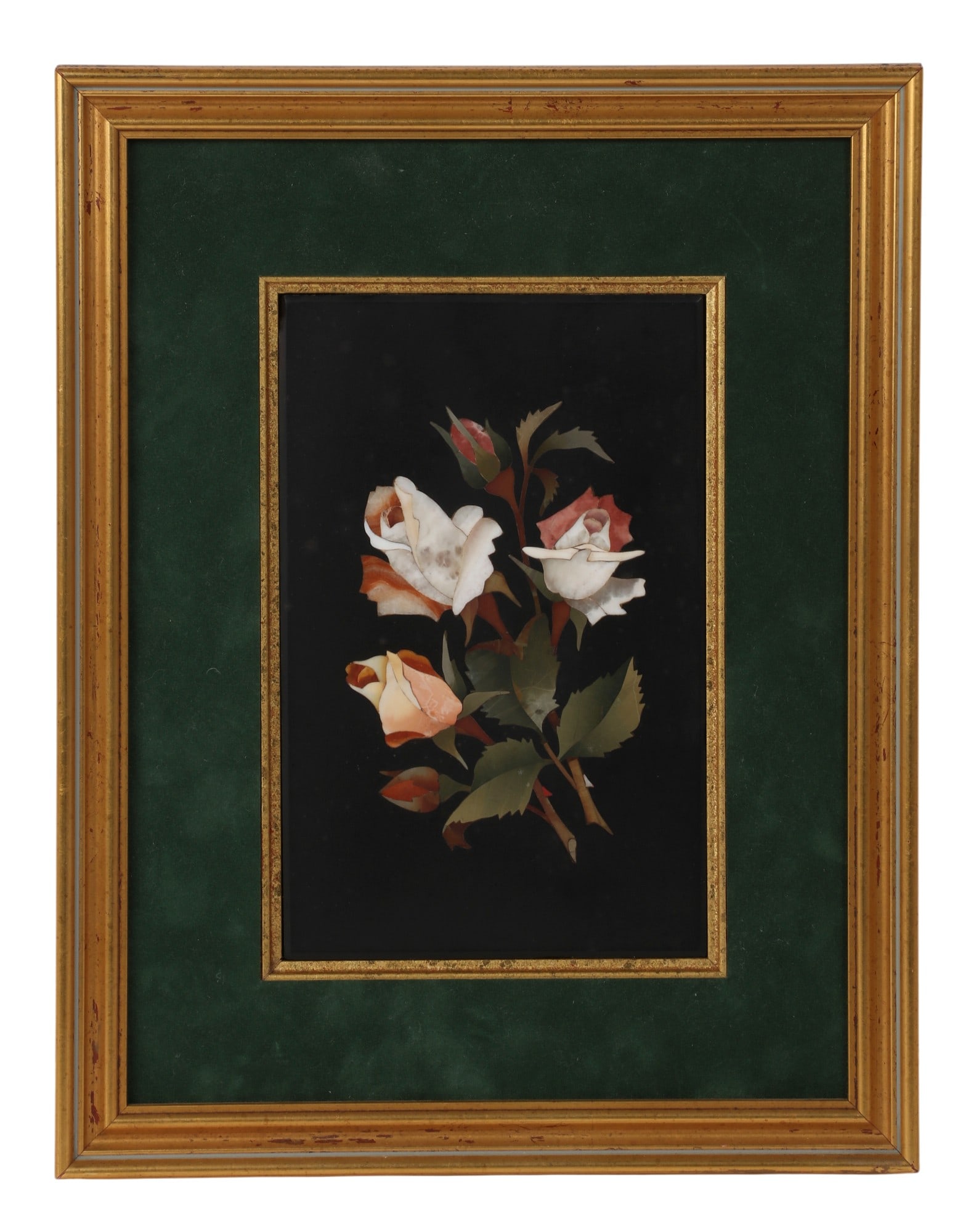 An Italian pietra dura panel of three roses, 20th century: An Italian pietra dura panel of three roses 20th century In giltwood frame. 7 1/2 x 4 3/4in (19 x 12cm) Provenance: Property from the Collection of Ben Nysewander, Carmel, California.