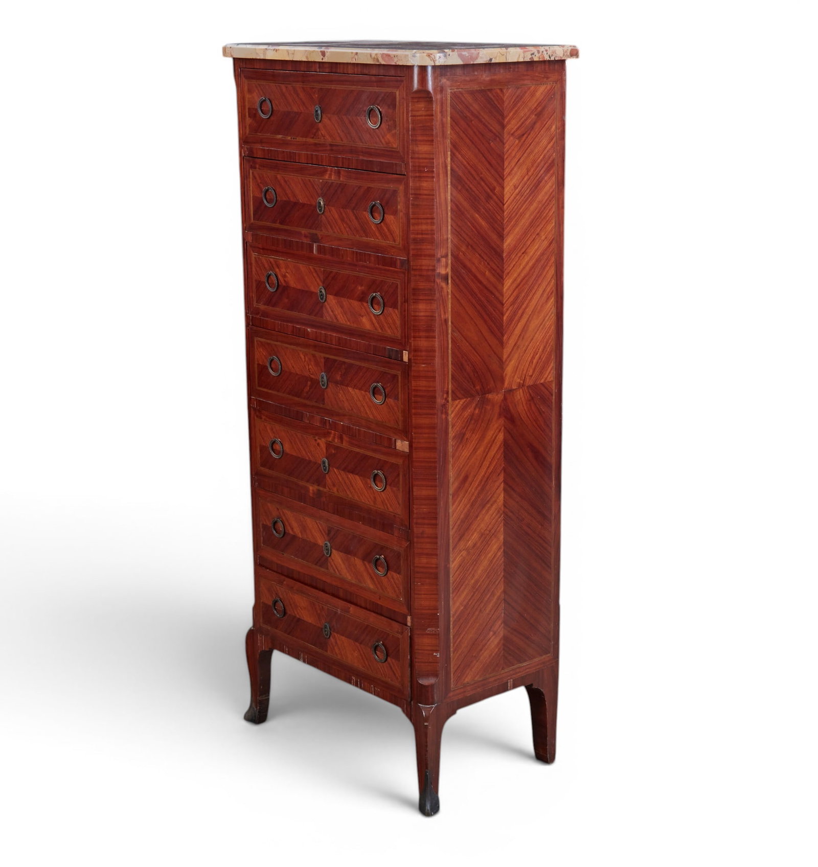 A Louis XV/XVI Transitional style inlaid tulipwood semanier, 20th century: A Louis XV/XVI Transitional style inlaid tulipwood semanier 20th century With Breche d’Alep marble top. height 55in (140cm); width 24in (61cm); depth 14 1/2in (37cm) Provenance: Property from the C