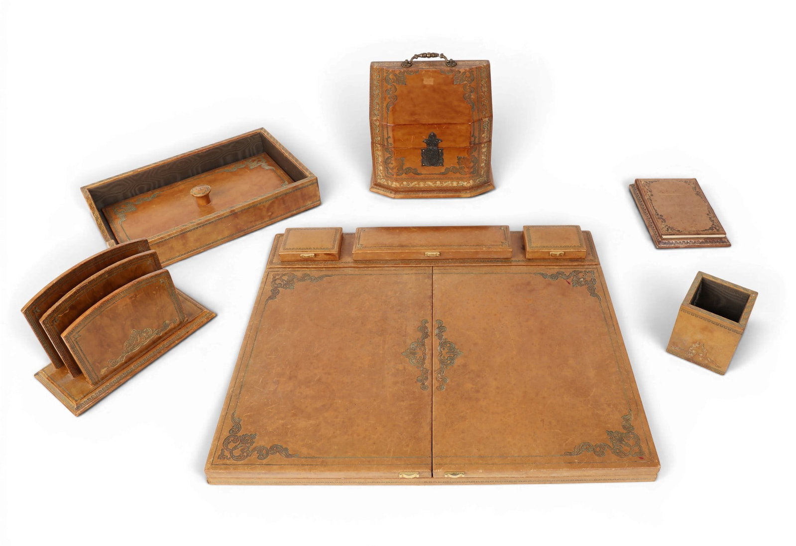A matched six piece Italian gilt tooled tan leather desk set, modern (1 of 4)