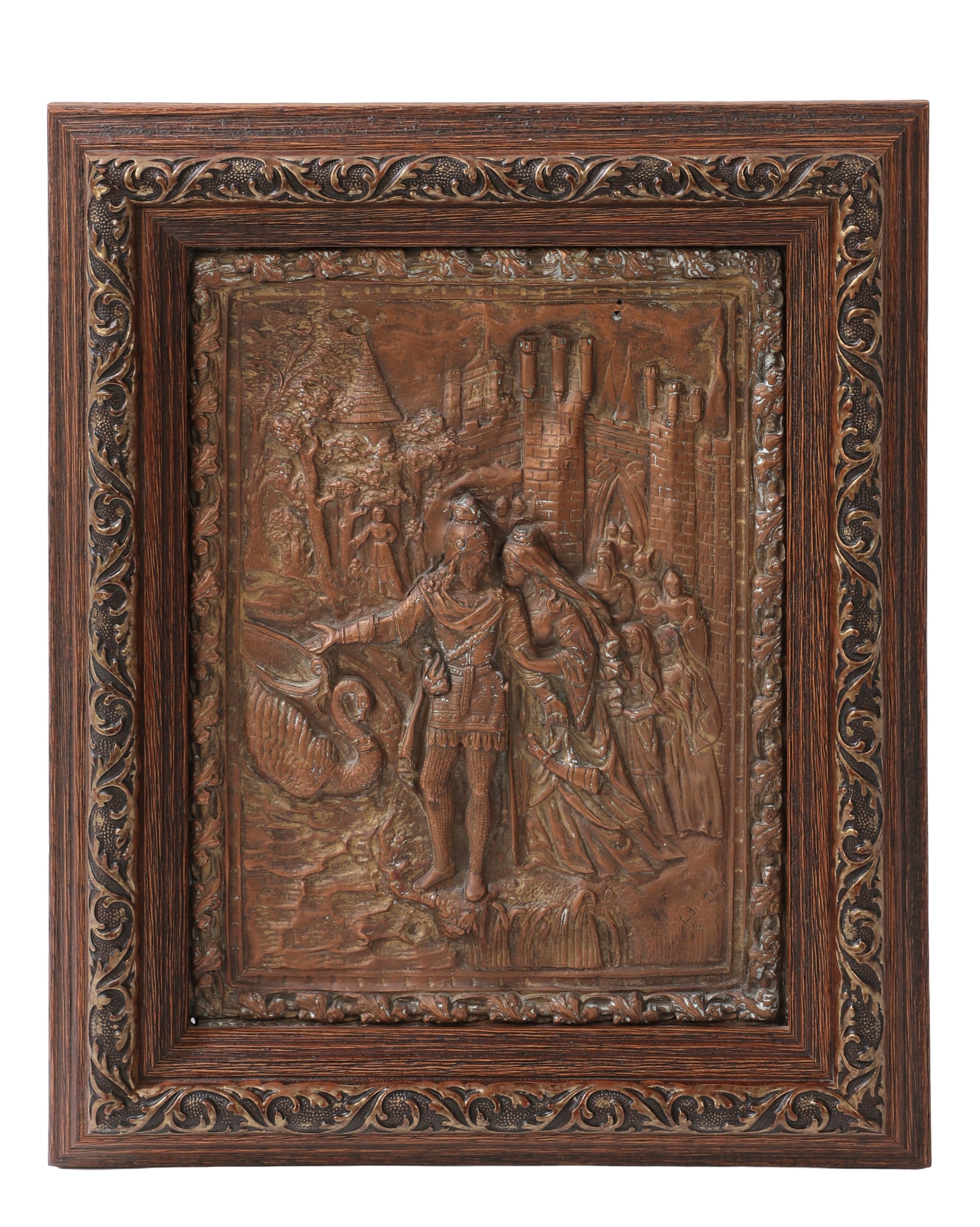 A Renaissance style copper relief panel of Lohengrin, after Gustave Grohe (1829-1906): A Renaissance style copper relief panel of Lohengrin after Gustave Grohe (1829-1906) late 19th century Incised signature lower right, L. Birnbau?, in later hardwood frame. sight 9 x 6 3/4in (23 x 17cm