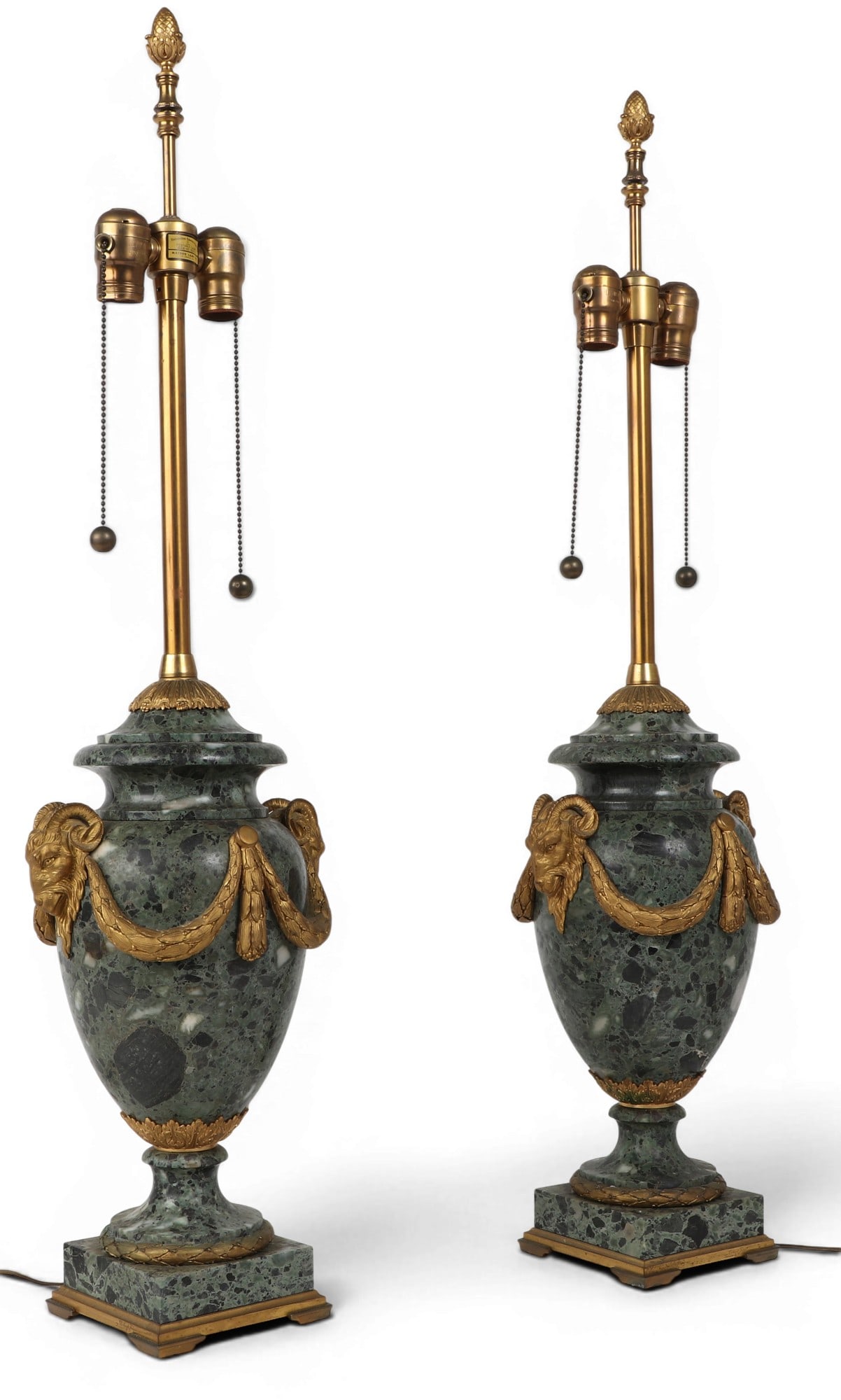 A pair of Louis XVI style gilt bronze mounted breccia verde marble urns now as lamps, 20th century: A pair of Louis XVI style gilt bronze mounted breccia verde marble urns now as lamps 20th century overall height 35 1/2in (90cm); width 9in (23cm); depth 7 1/2in (19cm) Provenance: Property from the C