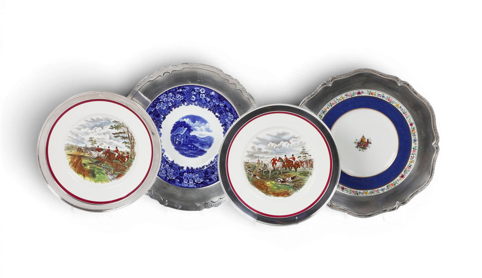 Four English sterling silver mounted earthenware plates, Wedgwood and Spode, 20th century (1 of 5)