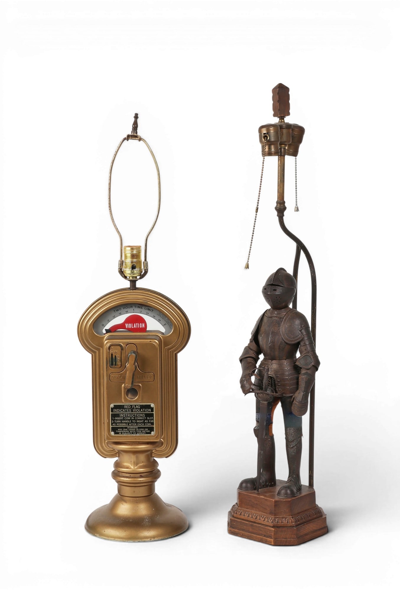 Two decorative mixed metal table lamps, 20th century: Two decorative mixed metal table lamps 20th century One modeled as a standing medieval knight in articulated iron armor with sword on oak stand, C. Roberson & Co., London pastille to reverse, the othe