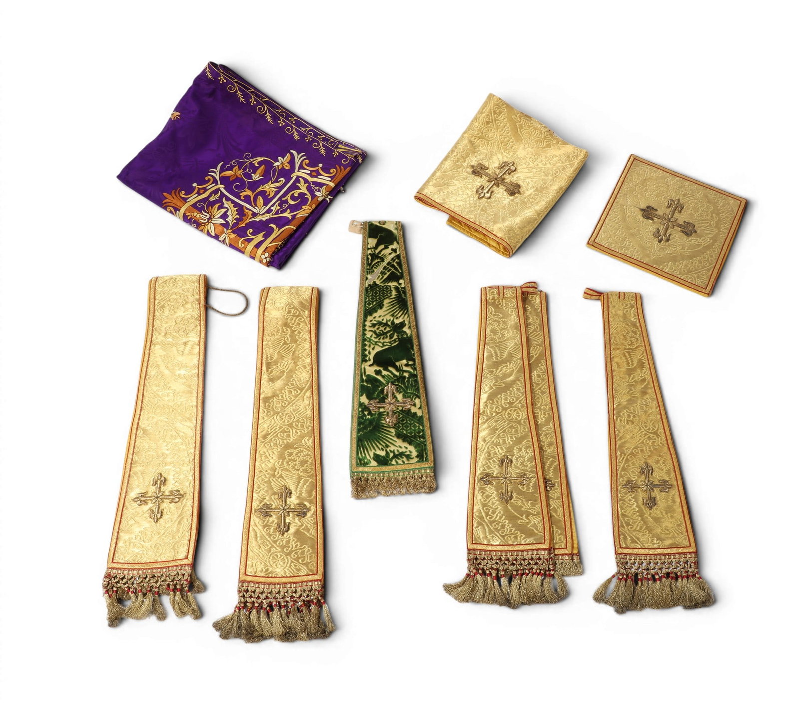 Nine embroidered altar cloths, modern: Nine embroidered altar cloths modern Comprising a burse, a chalice veil, six stoles and a parament. parament length 103in (261.5cm) Provenance: Property from the Collection of Ben Nysewander, Carme