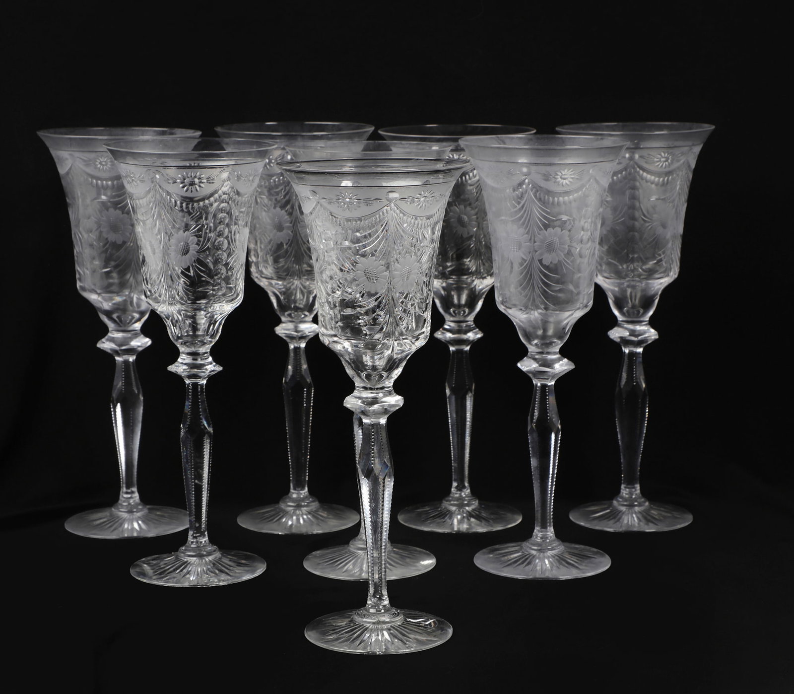 A set of eight Pairpoint Wickham acid etched cut clear glass water goblets, mid 20th century (1 of 4)