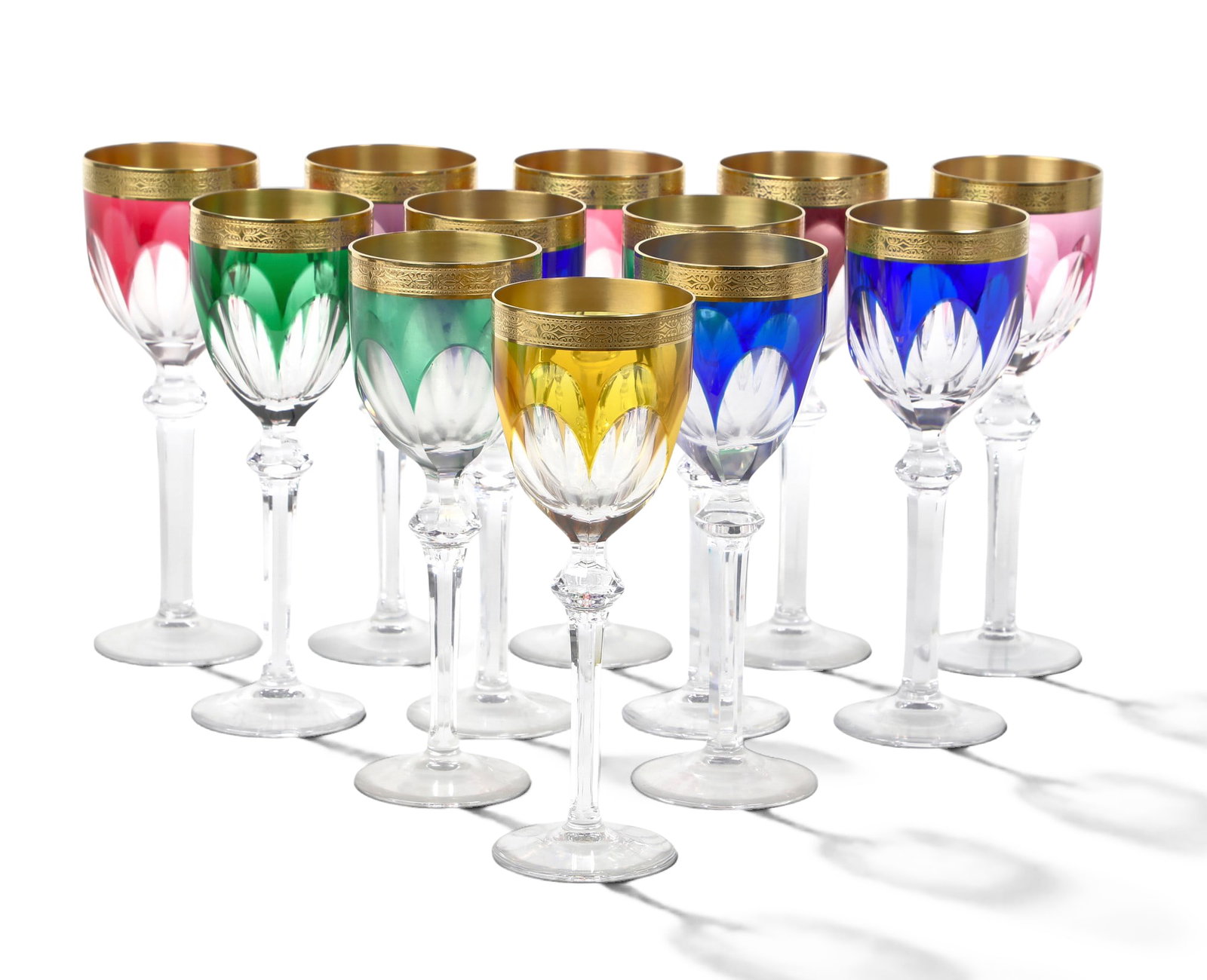 Twelve Justin Tharaud President gilt heightened assorted colored cut to clear glass wine goblets (1 of 3)