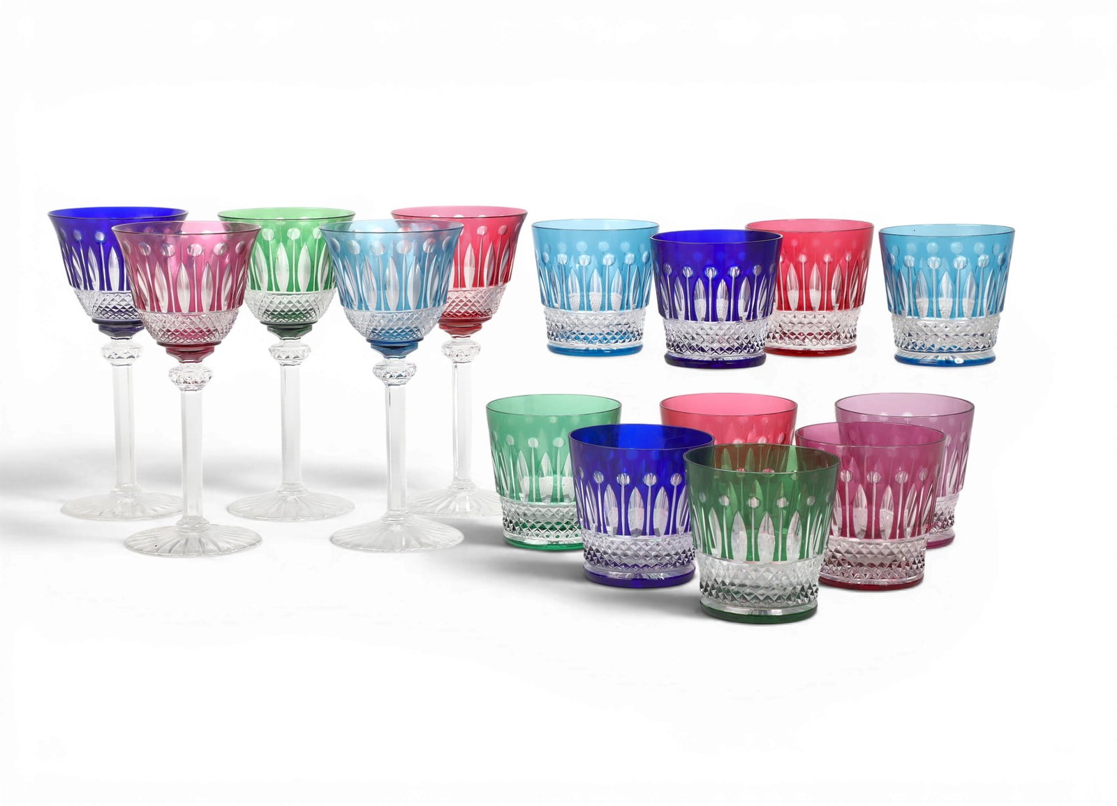 A set of fifteen St. Louis Tommy assorted colored cut to clear glass barware, 20th century (1 of 4)