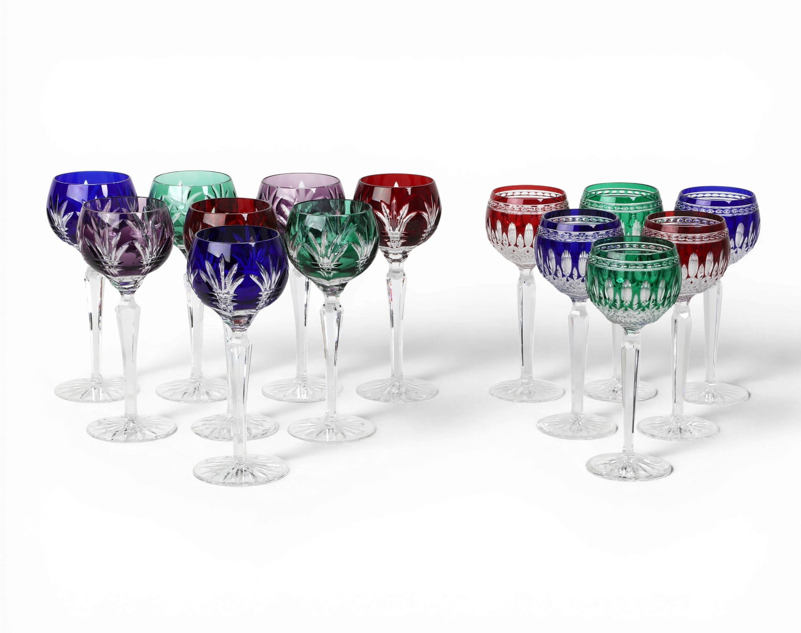 A group of fourteen assorted colored cut to clear hock wine goblets, Waterford and other maker (1 of 6)