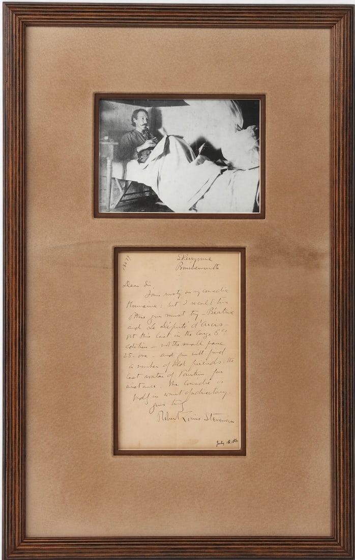A Robert Louis Stevenson (1850-1894) signed letter: A Robert Louis Stevenson (1850-1894) signed letter lot includes a framed autographed letter signed, addressed Dear Sir, assumed date of July 18, 1886, wherein RLS discusses the Comedia Humaine with re