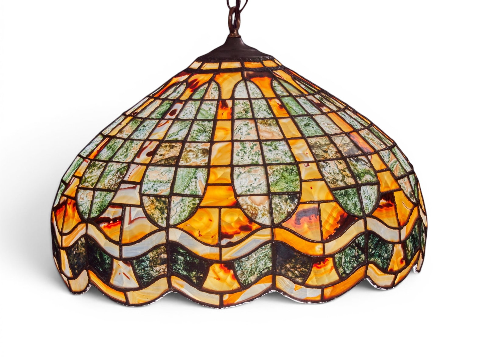 A J R Rodgers Ltd. leaded mixed agate hanging shade, 20th century: A J R Rodgers Ltd. leaded mixed agate hanging shade 20th century Label to interior inscribed; J.R. RODGERS, LTD./J.W. SPRAGUE/J.-V. MUNSTERMAN/Sherwood, OREGON/1-75 #003.; together with a copy of Lapi