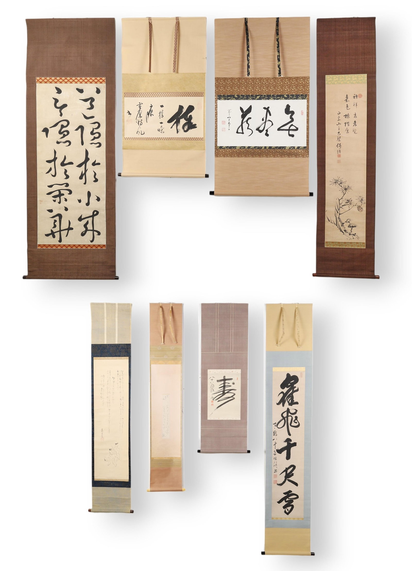 Eight Japanese calligraphic / kakemono scrolls: Eight Japanese calligraphic / kakemono scrolls Poems and other writings, one bearing signature of Goryo Dojin, variously with inscriptions and seals. largest image 46 1/2 x 20 (118 x 51cm); overall 75