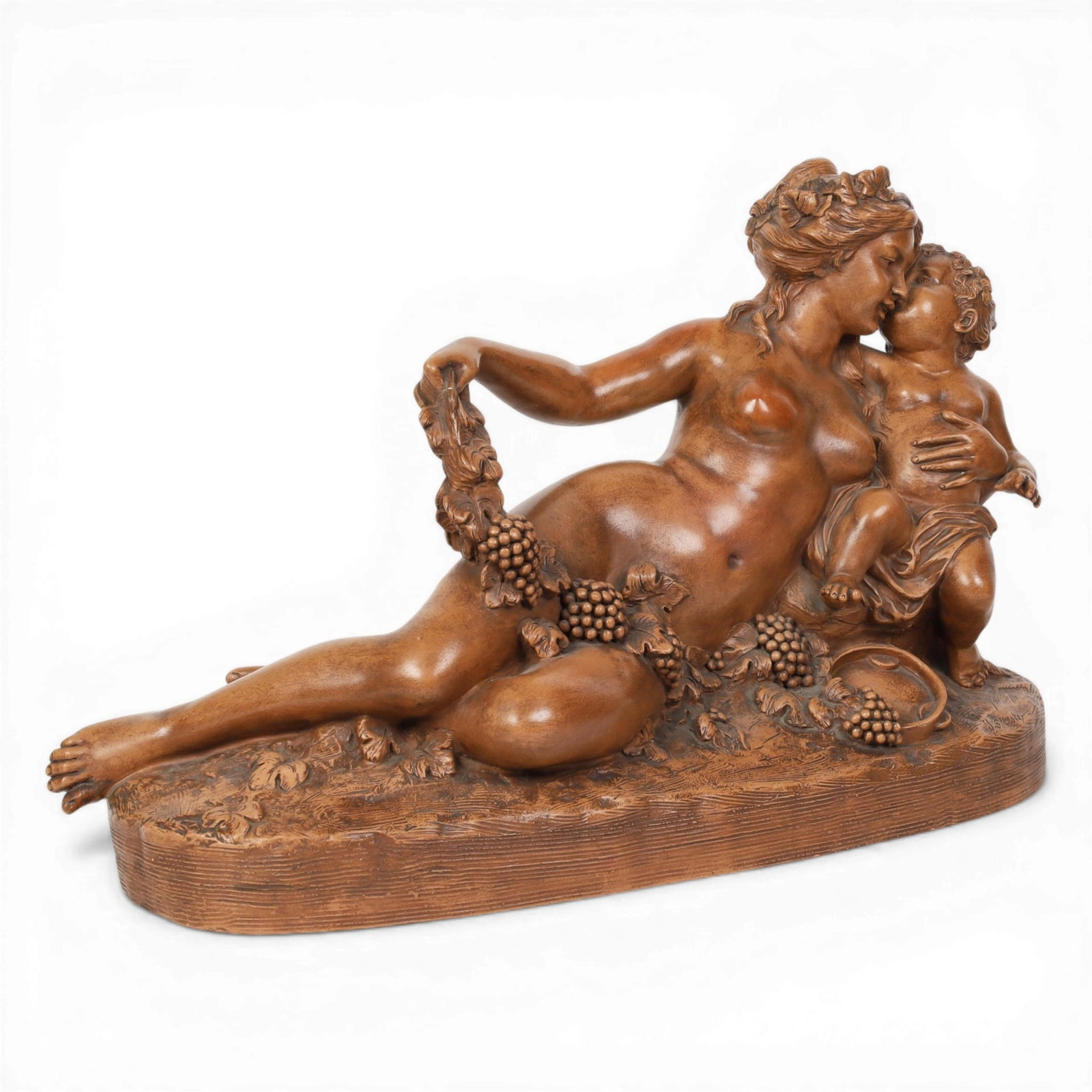 A French tinted terracotta allegorical figural group, Fontaine & Durieux, Paris, post 1950: A French tinted terracotta allegorical figural group Fontaine & Durieux, Paris post 1950 With incised signature J.S.Oste? to base and with factory stamp, numbered to reverse. height 15 1/2in (39.5cm);