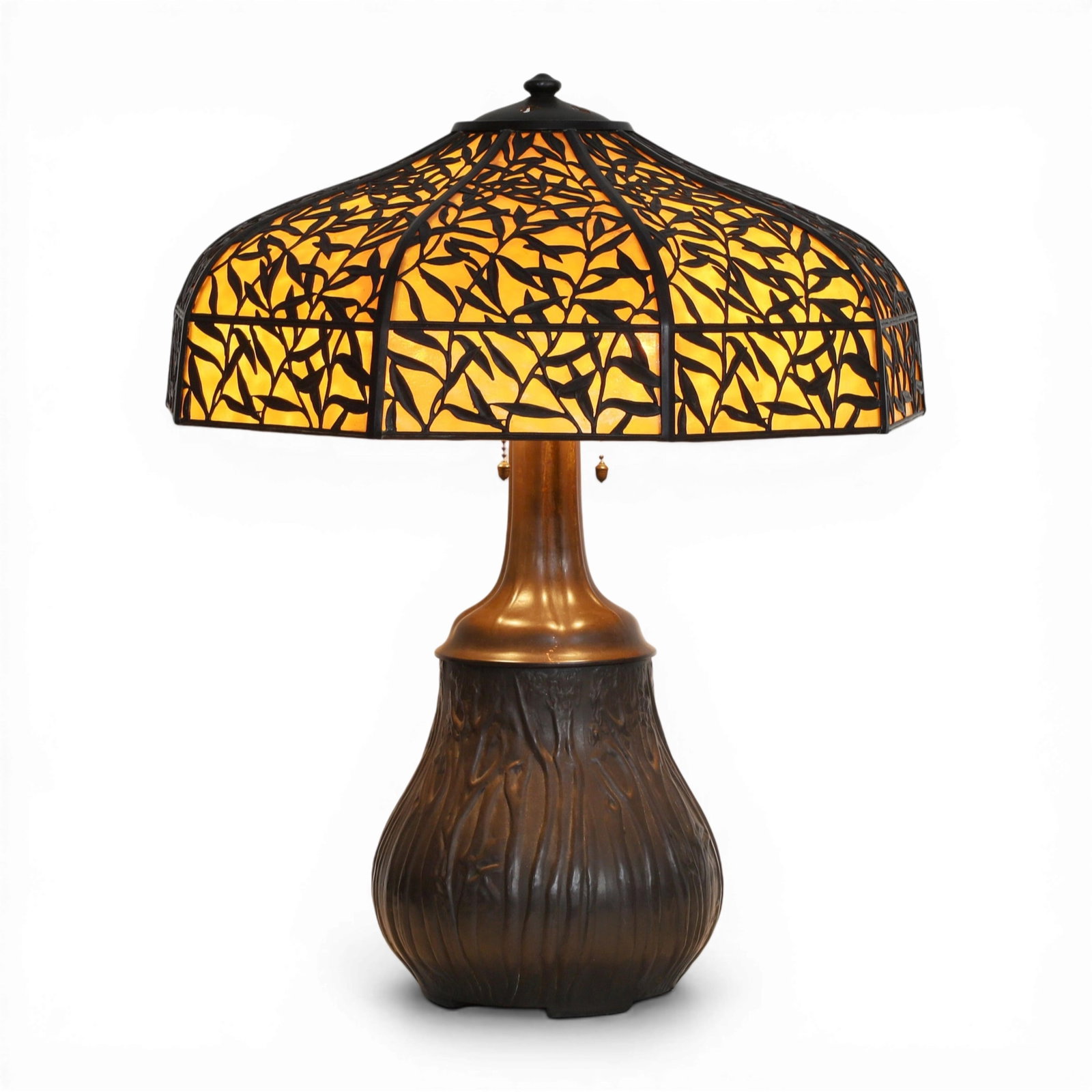 A Handel Teroca leaded slag glass bamboo leaf table lamp on later associated base (1 of 7)
