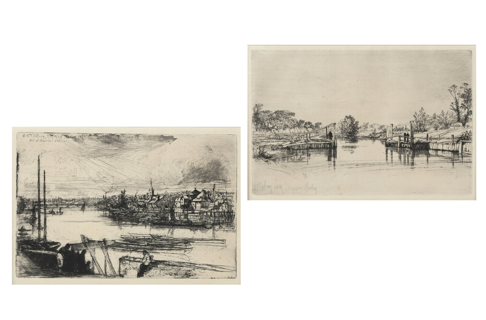 Sir Francis Seymore Haden (England, 1818-1910), Old Chelsea and Egham Lock, 1859 (2), etchings (1 of 8)