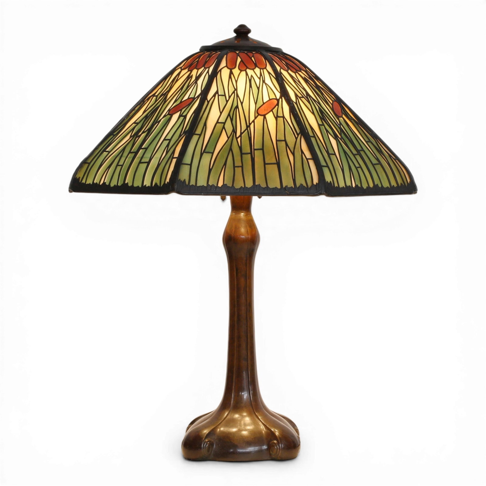 A Handel Teroca leaded slag glass cattail table lamp on later associated base (1 of 8)