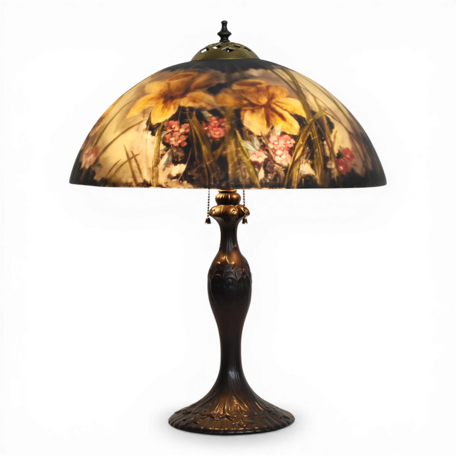 A Ulla Darni reverse painted glass yellow daffodil table lamp on associated base (1 of 5)