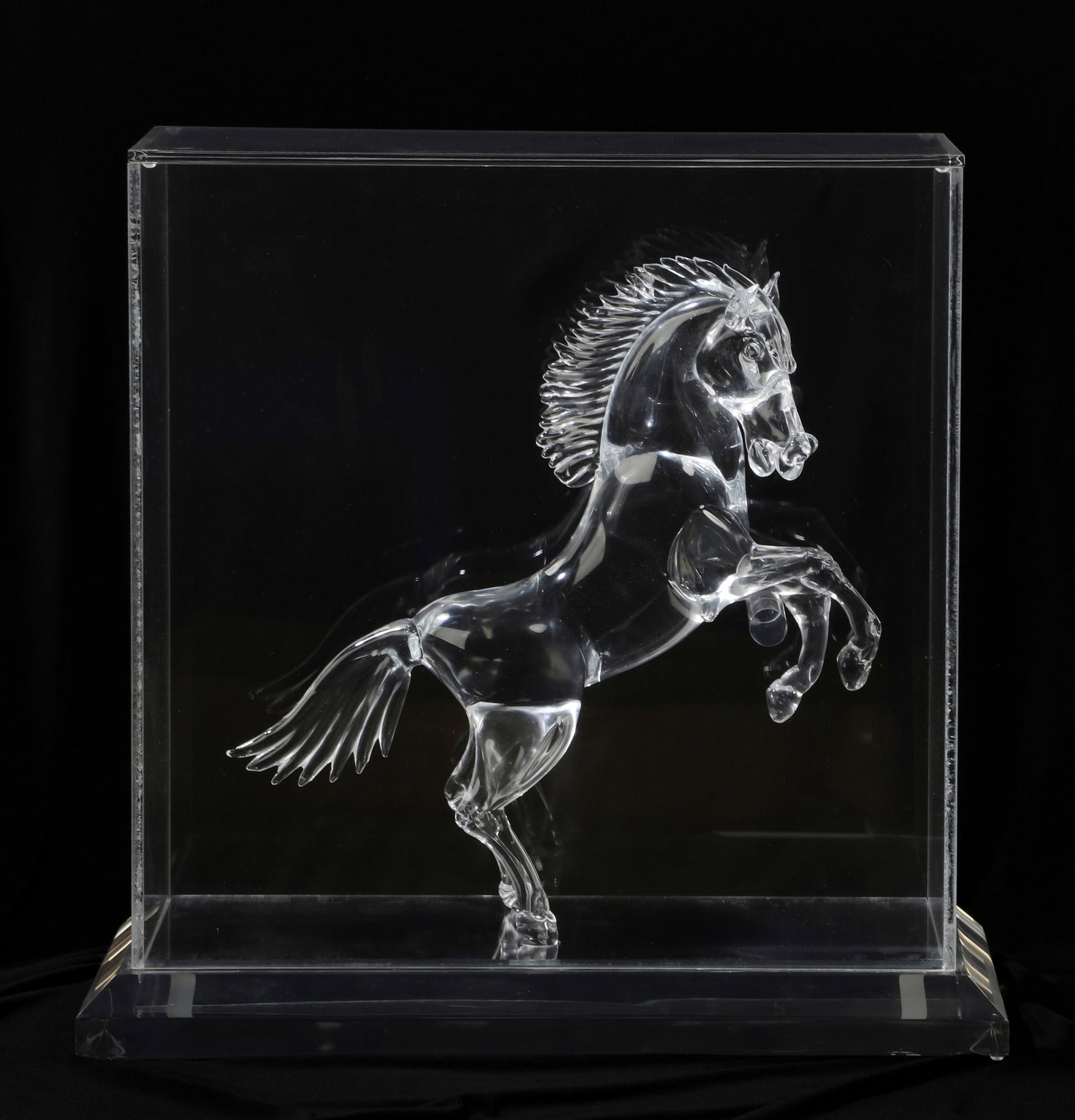 A Murano clear glass model of a rearing horse, 20th century: A Murano clear glass model of a rearing horse 20th century Mounted in a perspex case, horse inscribed SALVATORE to underside. horse as mounted height 14in (36cm); width 11in (28cm); depth 4in (10cm)