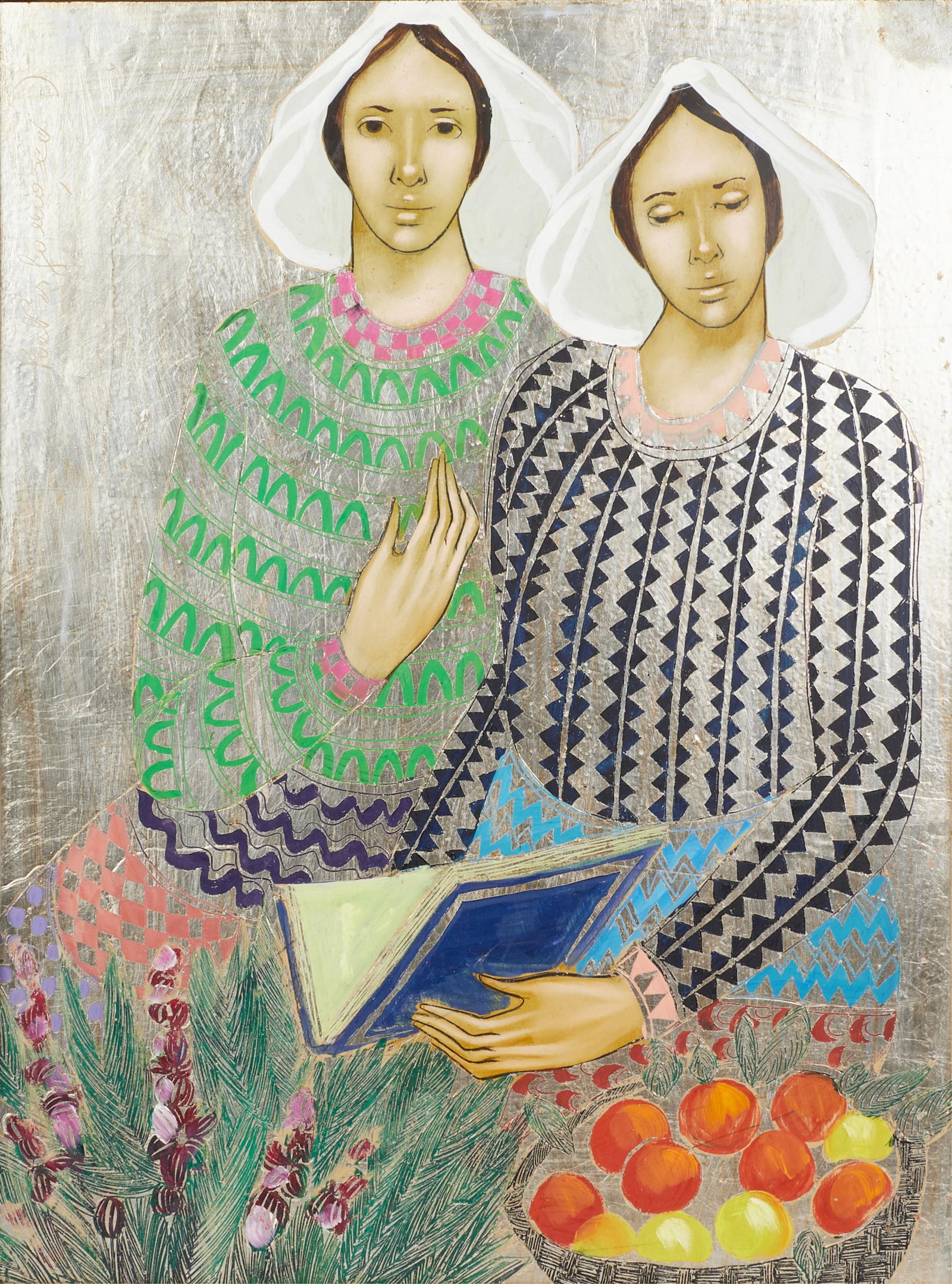 Paolo Emilio Bergamaschi (Italy, 1929-1990), Sisters, oil and silver leaf on wood panel (1 of 8)