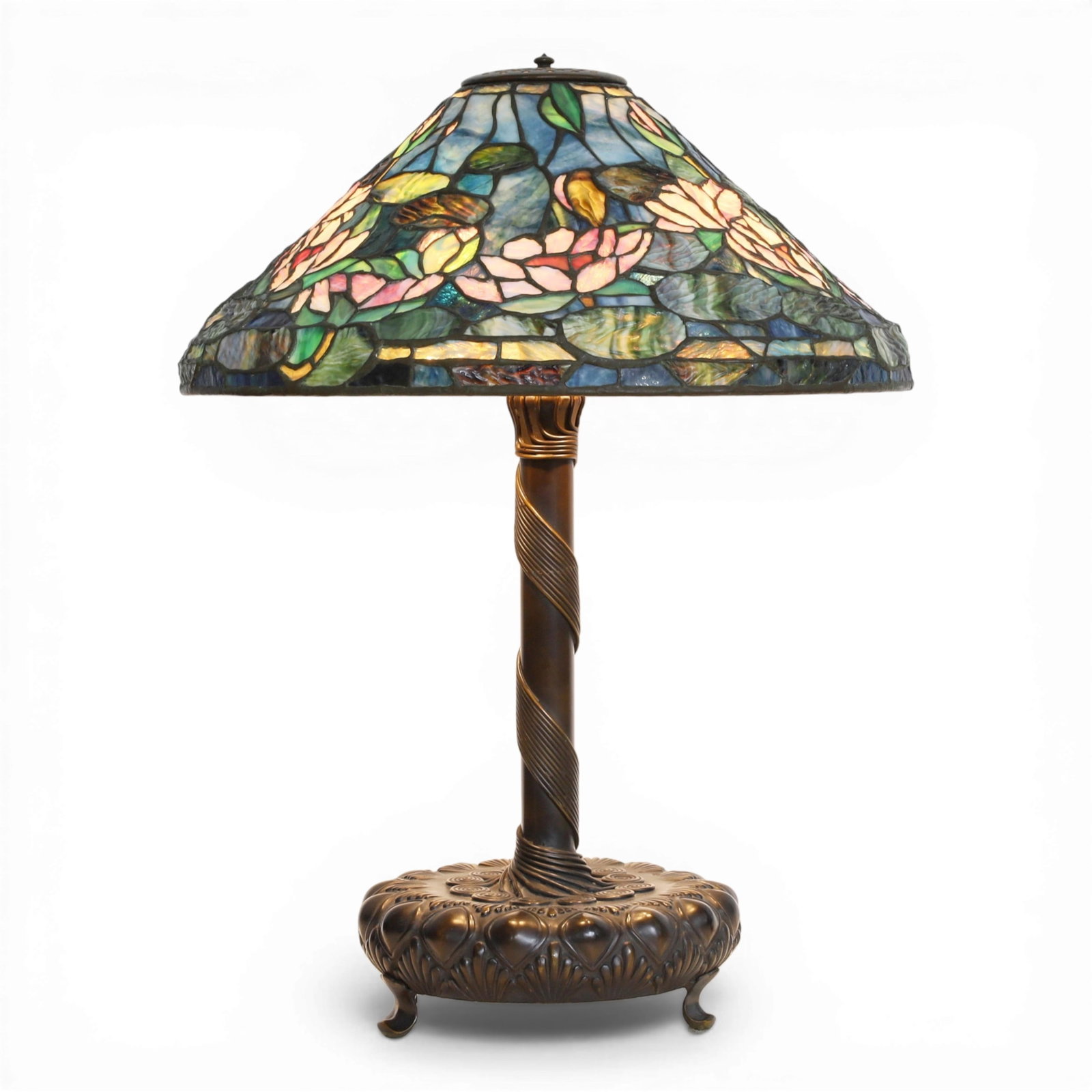 An Arts & Crafts style leaded slag glass waterlily table lamp on associated base (1 of 6)
