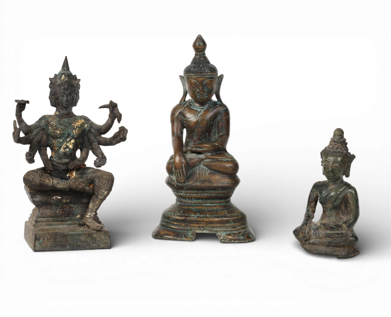 A Thai metalware model of Phra Phrom and two bronze models of seated Buddha (1 of 7)