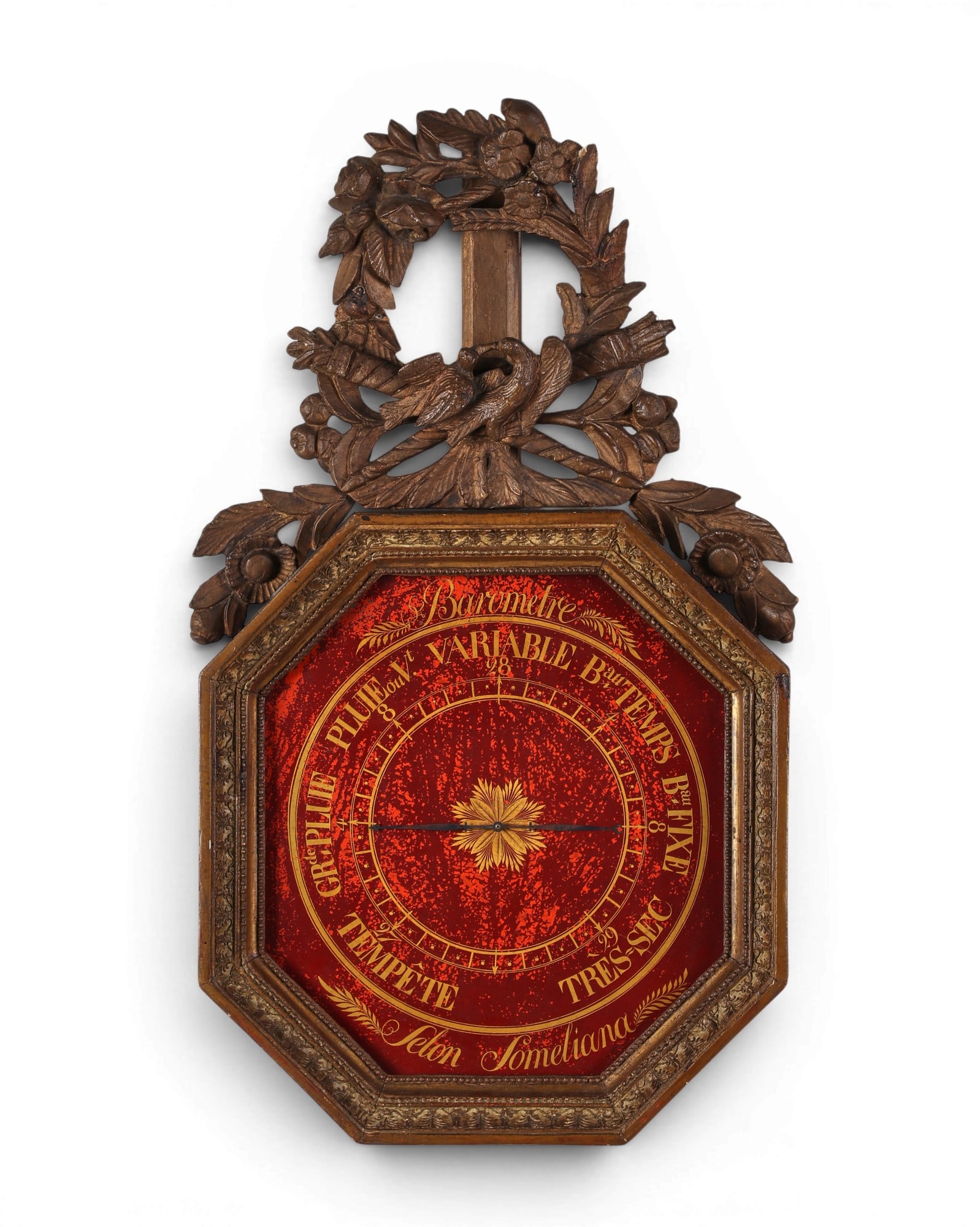 An Italian giltwood and red painted wood barometer, frame late 18th century (1 of 3)