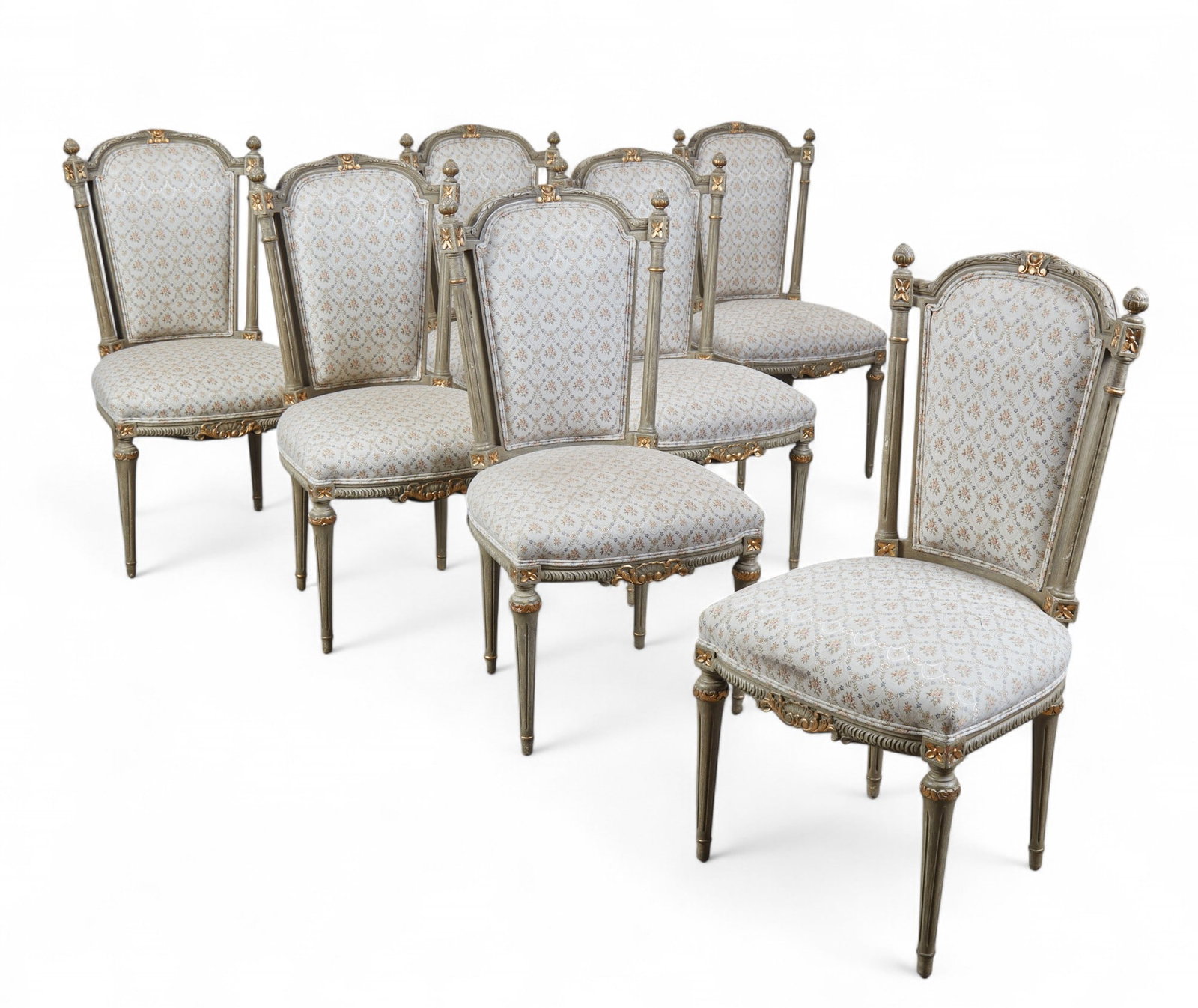 A set of seven Louis XVI style parcel gilt and grey painted dining chairs, early 20th century (1 of 16)