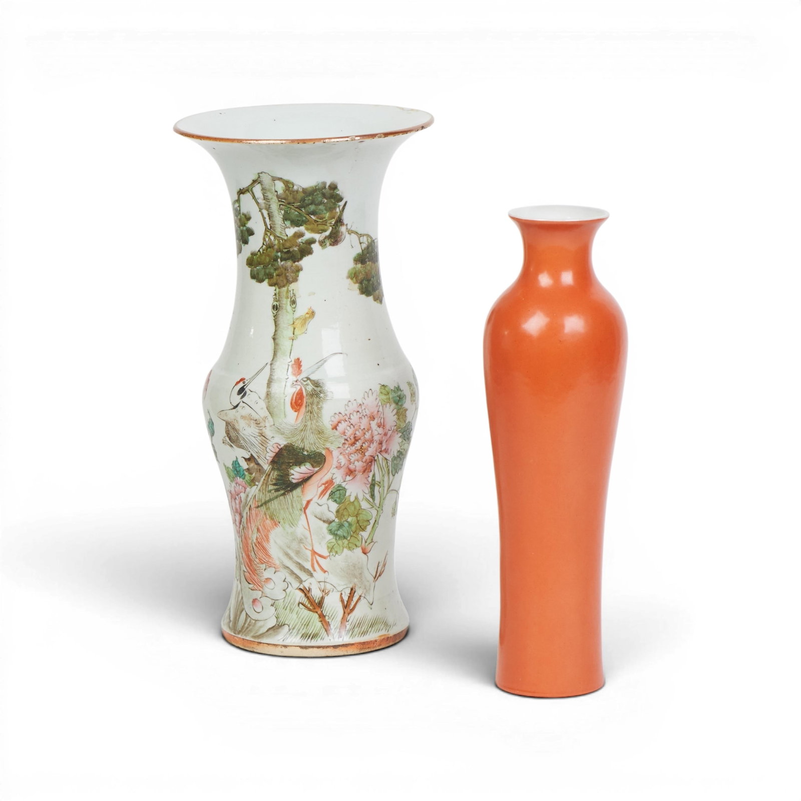 A Chinese orange porcelain sleeve vase and a baluster vase (1 of 5)
