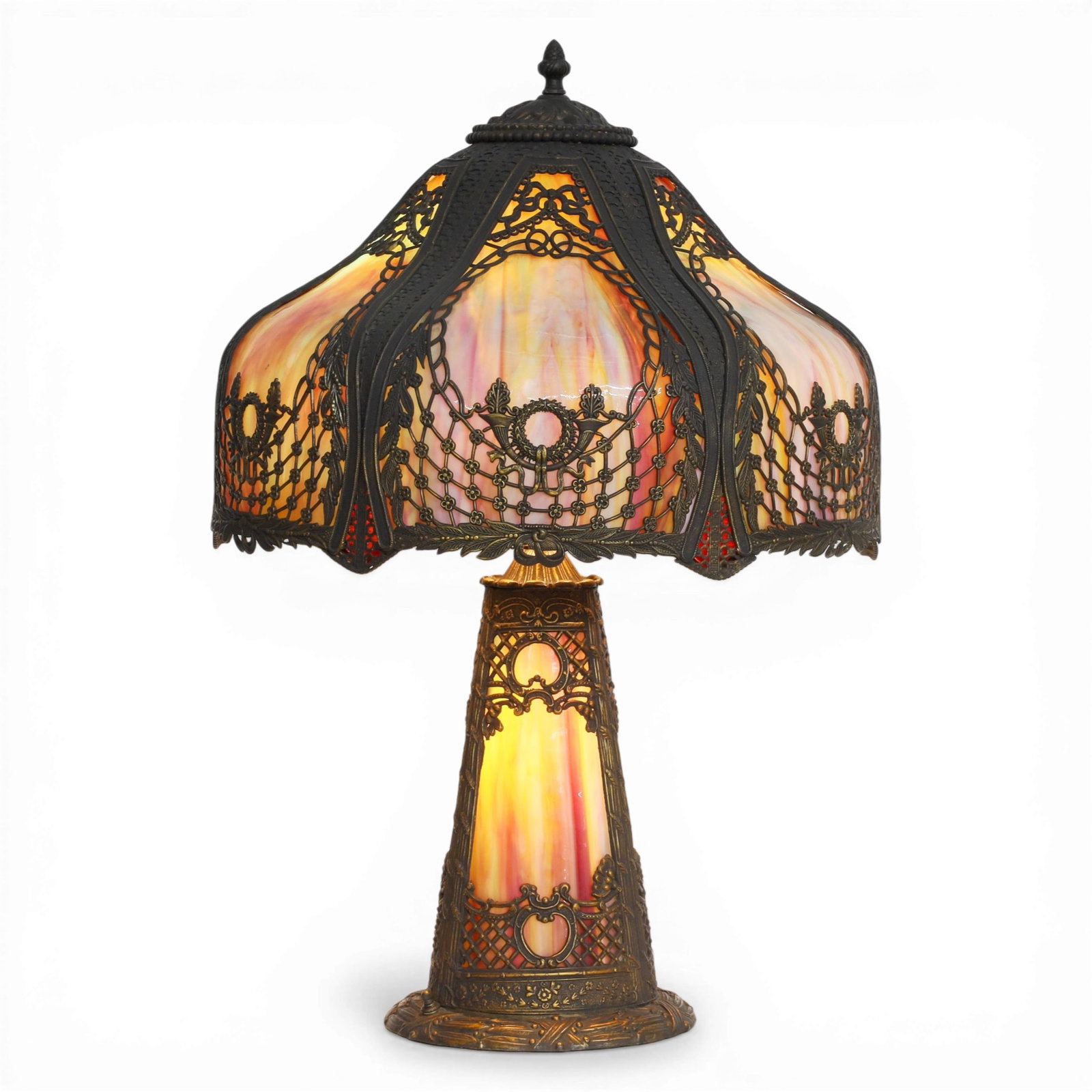 An American leaded slag glass and mixed metal overlay table lamp, 20th century (1 of 6)