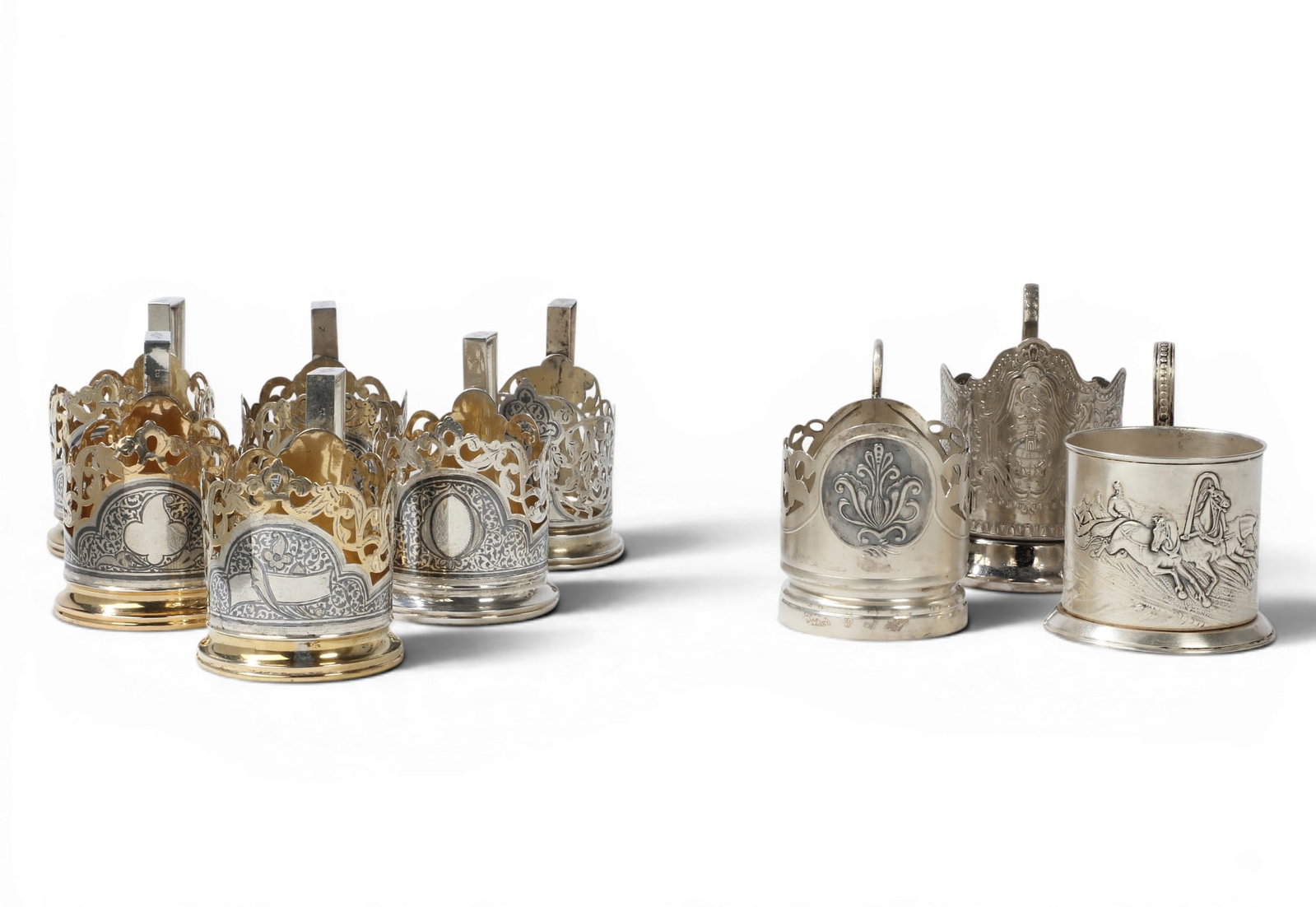 A collection of seven Russian 875 standard silver and niello tea glass holders (1 of 5)