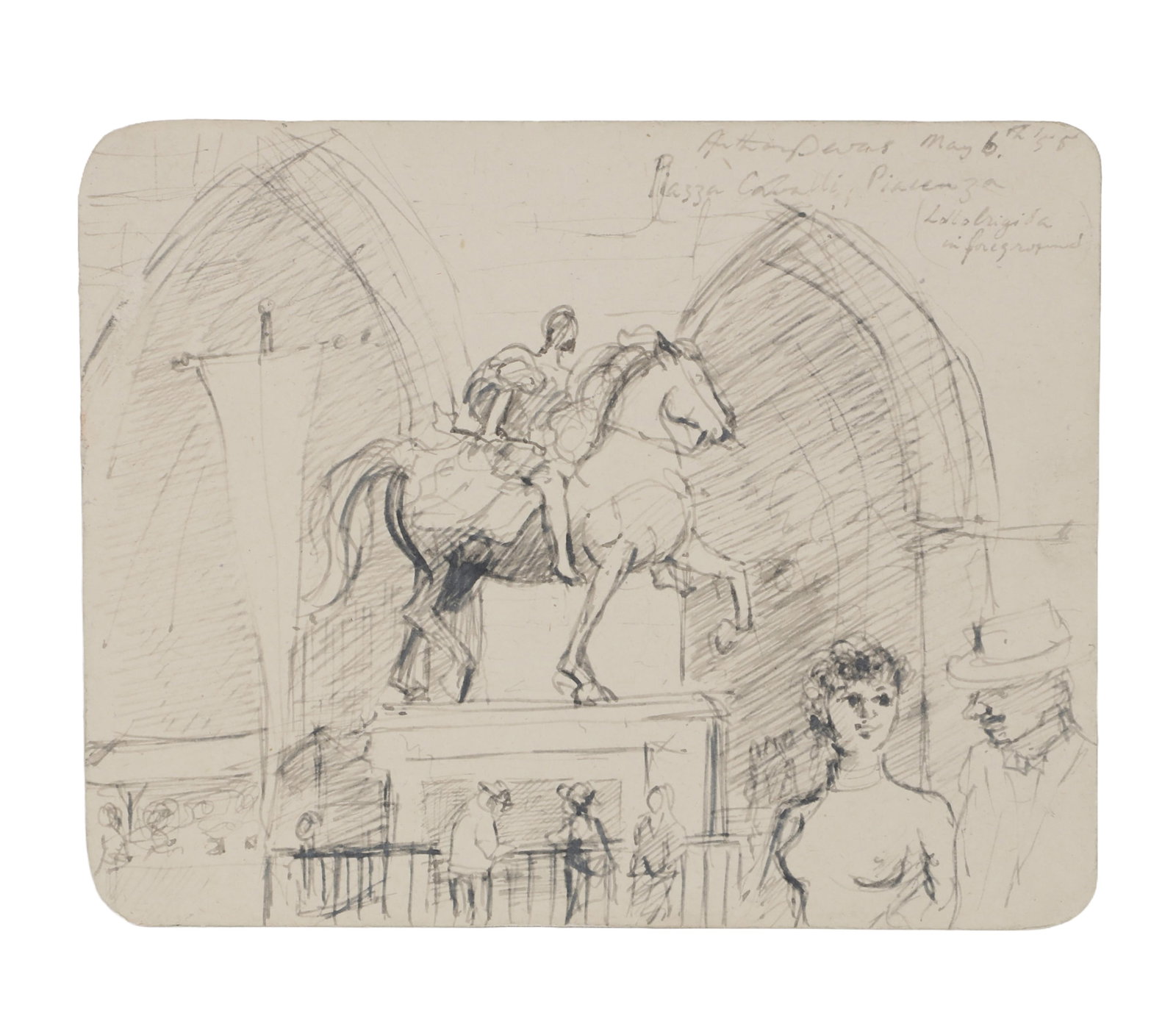 Anthony Devas (British, 1911-1958), Sketch of the Piazza de Cavalli, Piacenza, 1955, pen on card: Anthony Devas (British, 1911-1958) Sketch of the Piazza de Cavalli, Piacenza, 1955 pen on card signed upper right, dated and with inscription 4 3/4 x 5 7/8in (12 x 15cm)