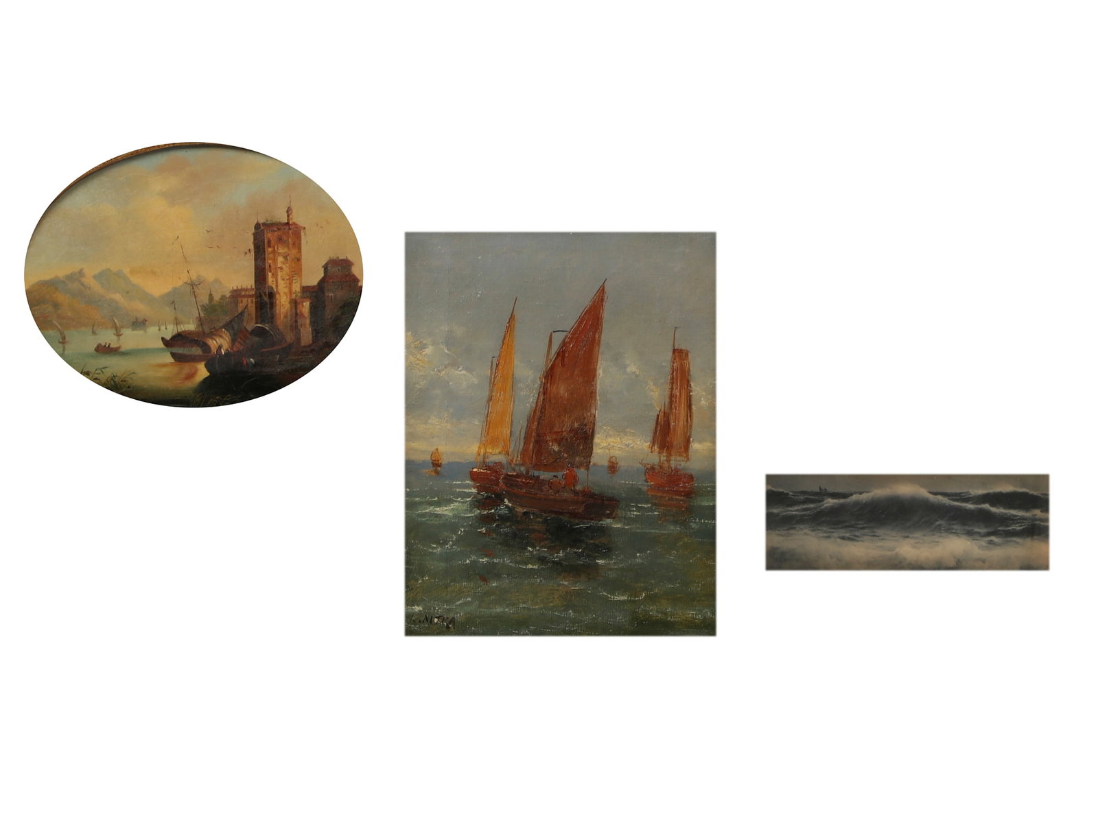 Continental School, View of the Rhine, Sailboats on Open Water & Rolling Waves (3): Continental School (19th/20th century) View of the Rhine, Sailboats on Open Water and Rolling Waves (3) oil on board and oil on canvas View of the Rhine inscribed to reverse with title, J.F. Watts and