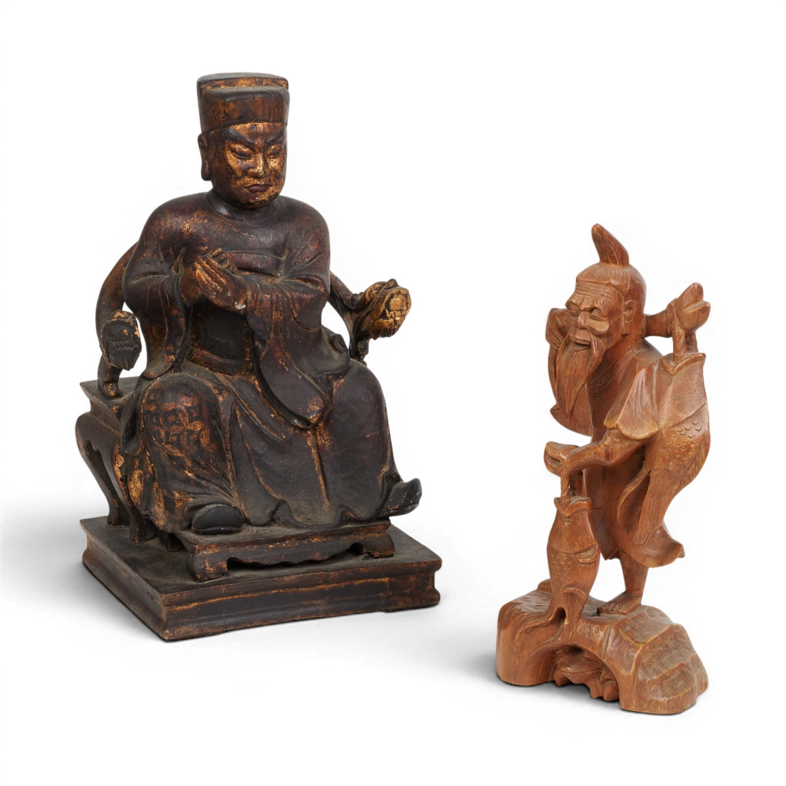 Two Chinese wood figures: Two Chinese wood figures larger height 16in (41cm); width 10in (25.5cm); depth 8 1/4in (21cm)