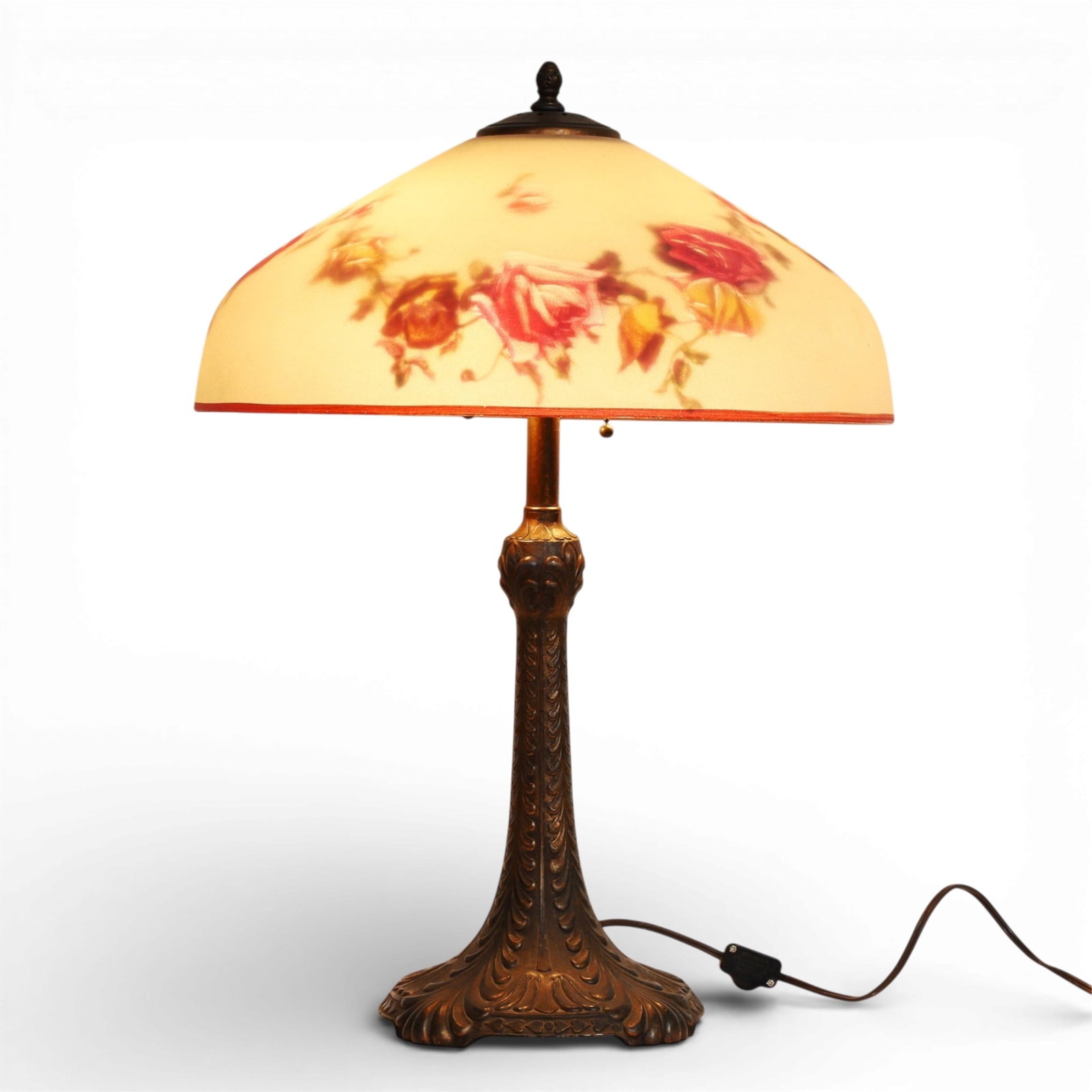 A reverse painted glass and patinated mixed metal red and yellow roses table lamp, 20th century (1 of 5)