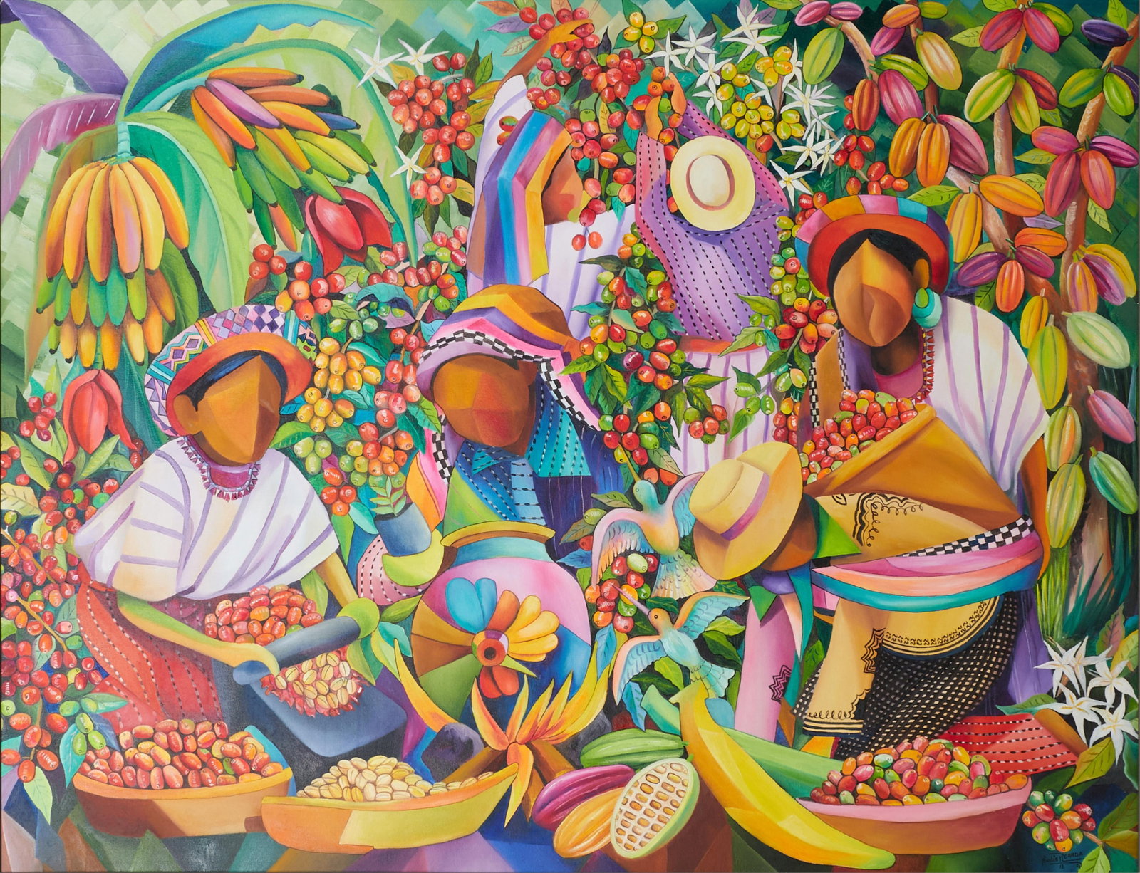 Nicolas Reanda (Quieju) (Guatemalan, b. 1947), Fruit pickers, 2012, oil on canvas (1 of 5)
