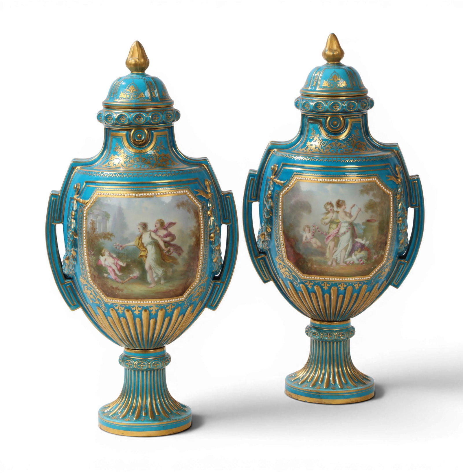 A pair of Sevres style porcelain blue ground urns, 20th century: A pair of Sevres style porcelain blue ground urns 20th century height 19 3/4in (50cm); width 9 1/4in (23cm); depth 8in (20cm)