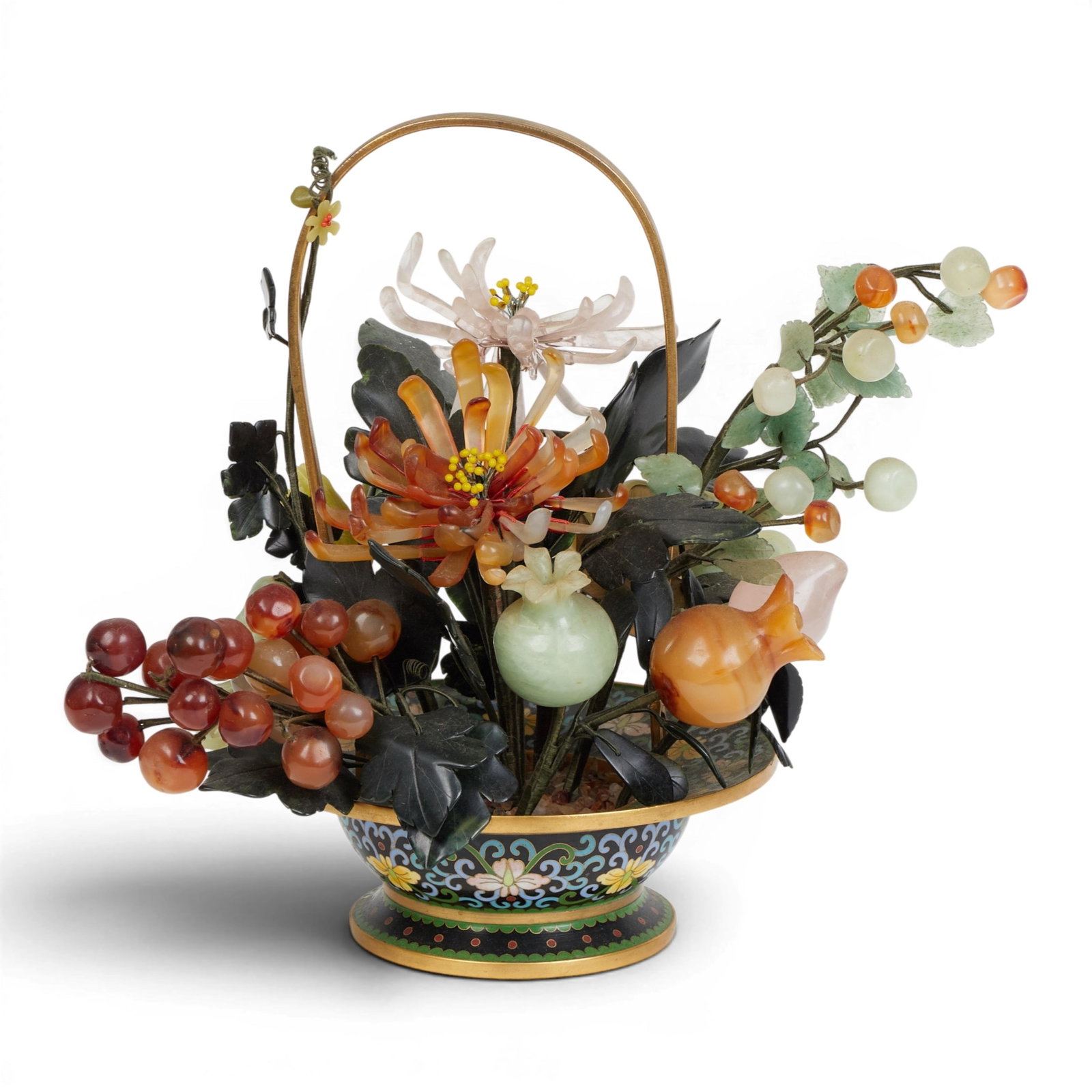 A Chinese cloisonne enamel and hardstone model of a fruit basket (1 of 5)