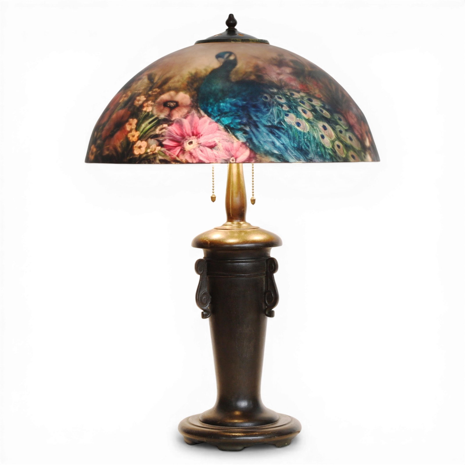 A Handel reverse painted glass blue peacock table lamp on associated base (1 of 6)