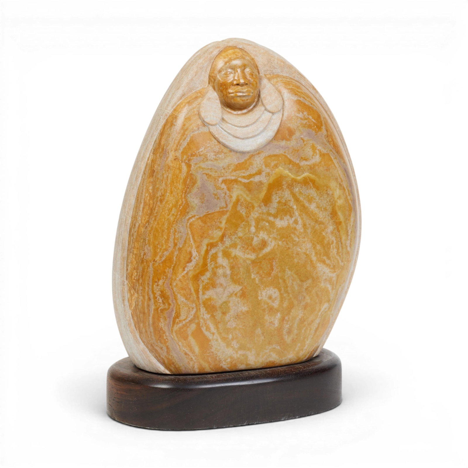 Tim Nicola (Native American, b. 1954), Melon Woman, stone: Tim Nicola (Native American, b. 1954) Melon Woman stone attached to wood base overall height 13 3/4in (35cm); width 9 1/2in (24cm); depth 5 1/2in (14cm)