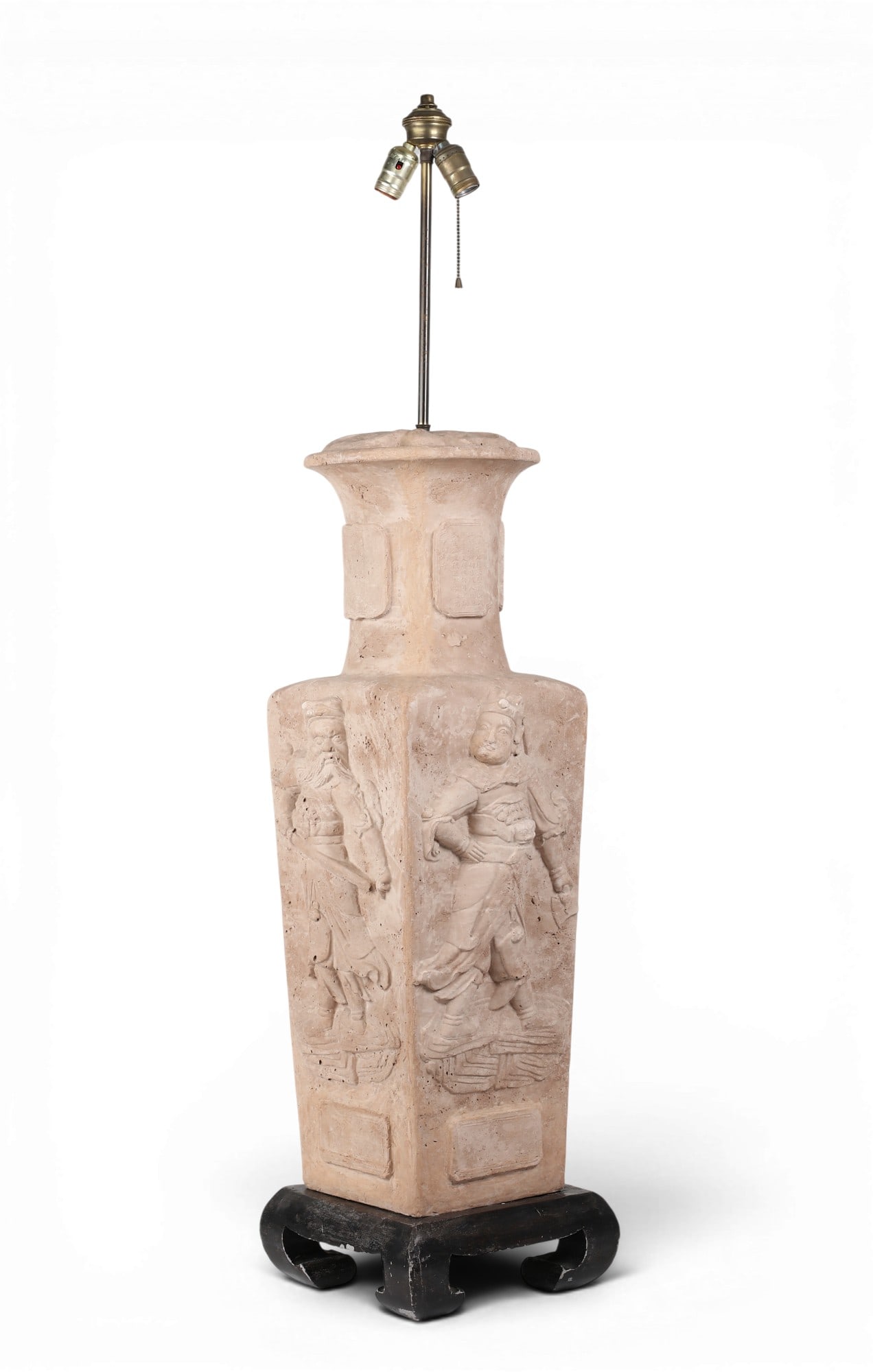 A very large Chinese terracotta lamp with relief figures: A very large Chinese terracotta lamp with relief figures overall: height 51 x width 10 x depth 10 in. (129.5 x 25.4 x 25.4 cm.)