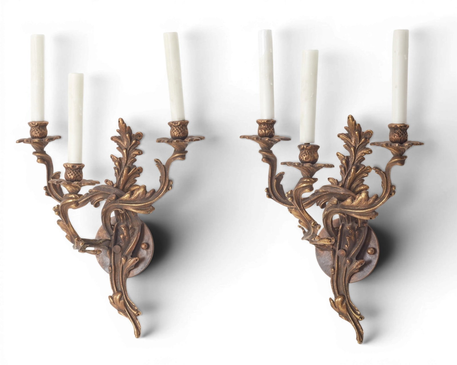 A pair of Louis XV style bronze three branch wall lights, post 1950 (1 of 3)