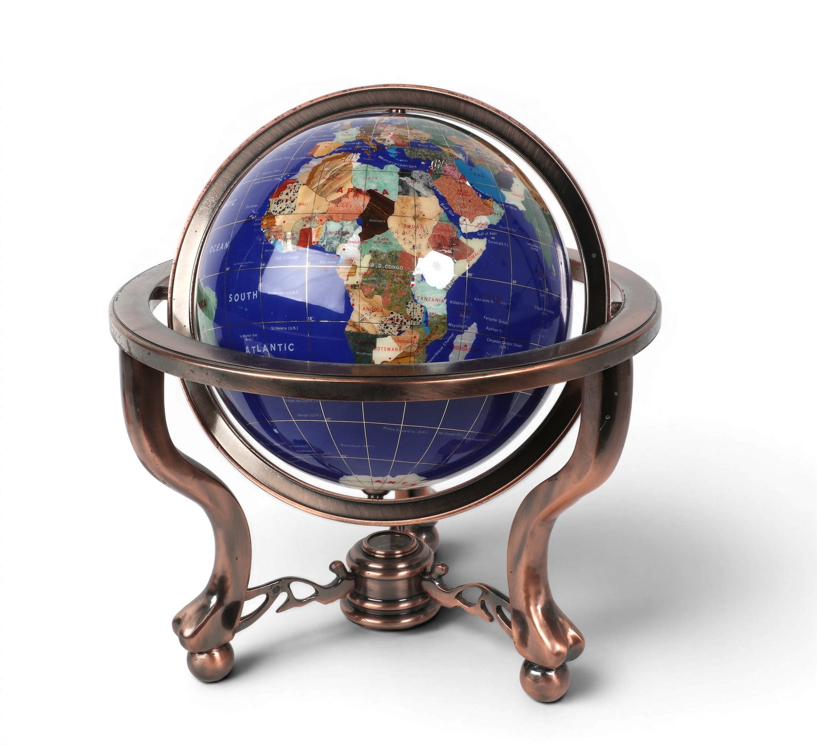 A gemstone set tabletop globe with bronze stand: A gemstone set tabletop globe with bronze stand height 20 x diameter 19 in. (50.8 x 48.3 cm.)