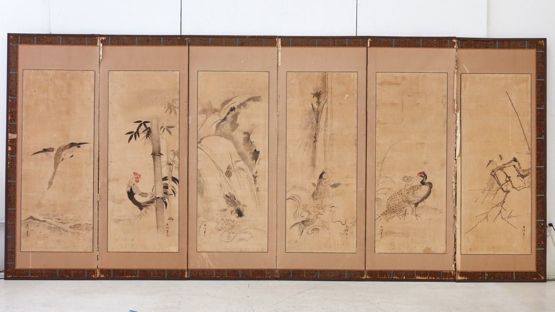 A Japanese six panel screen depicting cranes (1 of 4)