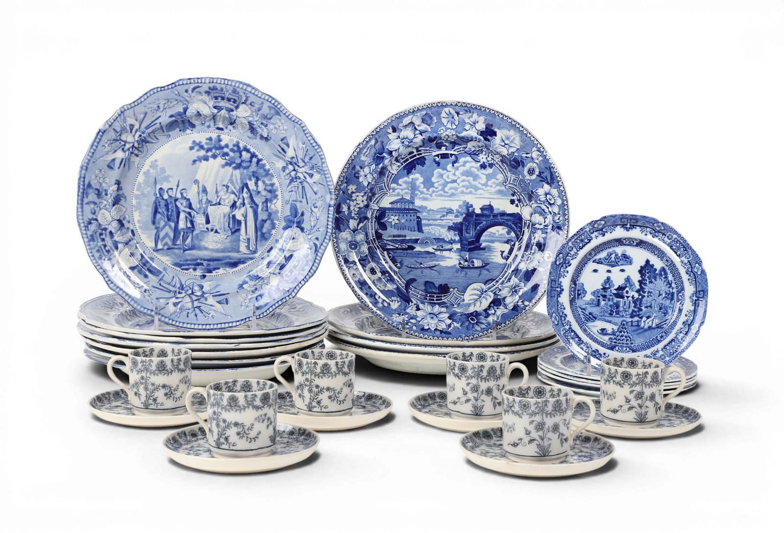 A twenty-eight piece collection of English blue and white transfer decorated ceramic tablewares, (1 of 6)
