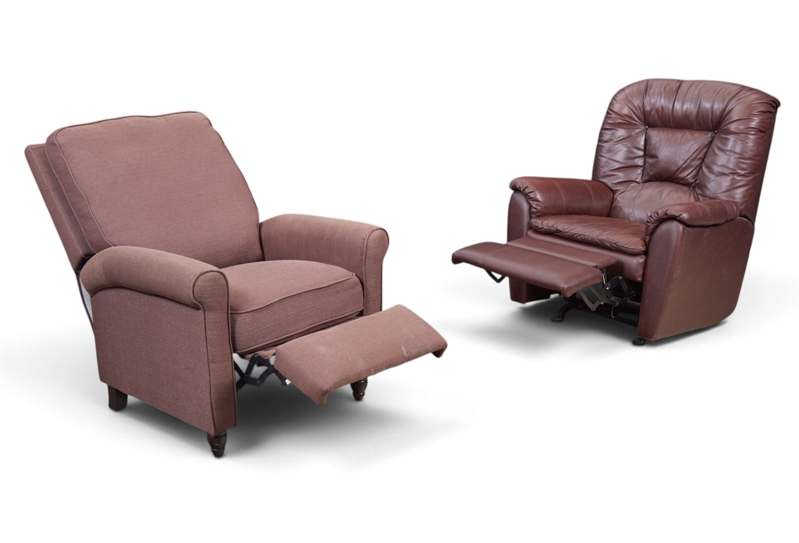 A group of two recliners: A group of two recliners Leather recliner: height 41 x width 31 x depth 35 in. (104.1 x 78.7 x 88.9 cm.)